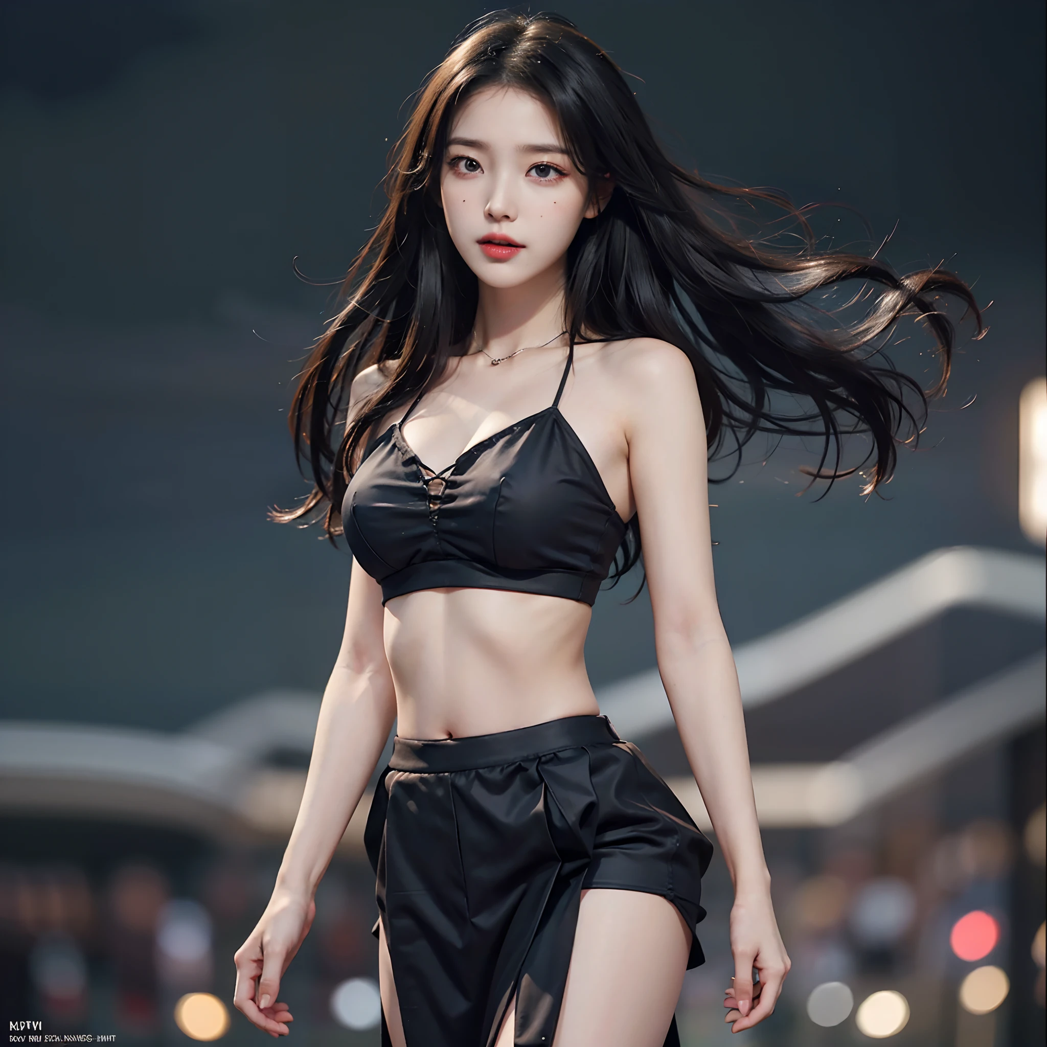 s whole body, (realisitic:1.4), 8K UHD, Top Quality, The ultra-Highres, Unique Backgrounds, clouds, Dark and very dark........, Building lights are lighting up the night........, wind:1.3, (Wearing a crop top and a short skirt), (images:1.1), kpop-idol, (Beautiful girl in Korea), (Mixed Korean), (Pretty lips:1.1), (eyeslashes:1.1), (happiness:1.21), (deeply:1.1), (Neat makeup), (Clear facial skin: 1.2), (Glowing skin), (Big breasts),