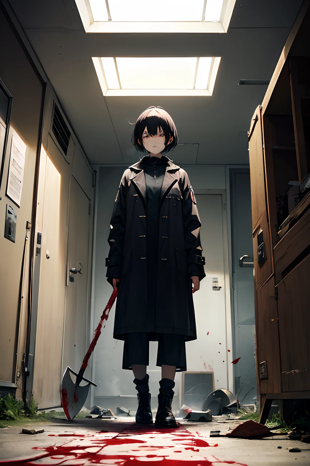 16 K,Beautiful, masutepiece, Best Quality, extra detailed face,Delicate eyes, Perfect Lighting,1 girl in、long coat of black color、Black hair.short-hair、holding axe、Dark Abandoned Hospital、terrorism、There are blood stains、horrified face、Staring at this、There is blood on the clothes、Dark horror、Girl with an ax、Abandoned hospital in the middle of the night