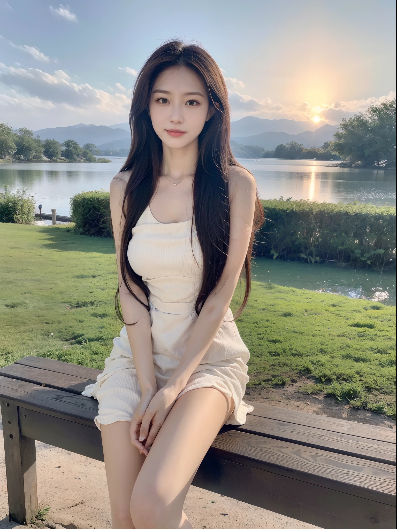 On a spring dusk，The gentle goddess sits on a bench by the lake。She caressed the rippling waves on the lake，Gently blow the long hair that radiates in front of your forehead。Enjoy the gentle breeze caress，The temperature of tranquility and comfort pervades the heart。，Masterpiece, Best quality，8K, 超高分辨率，(beautidful eyes)， ((Medium view，The upper part of the body:1.5))，