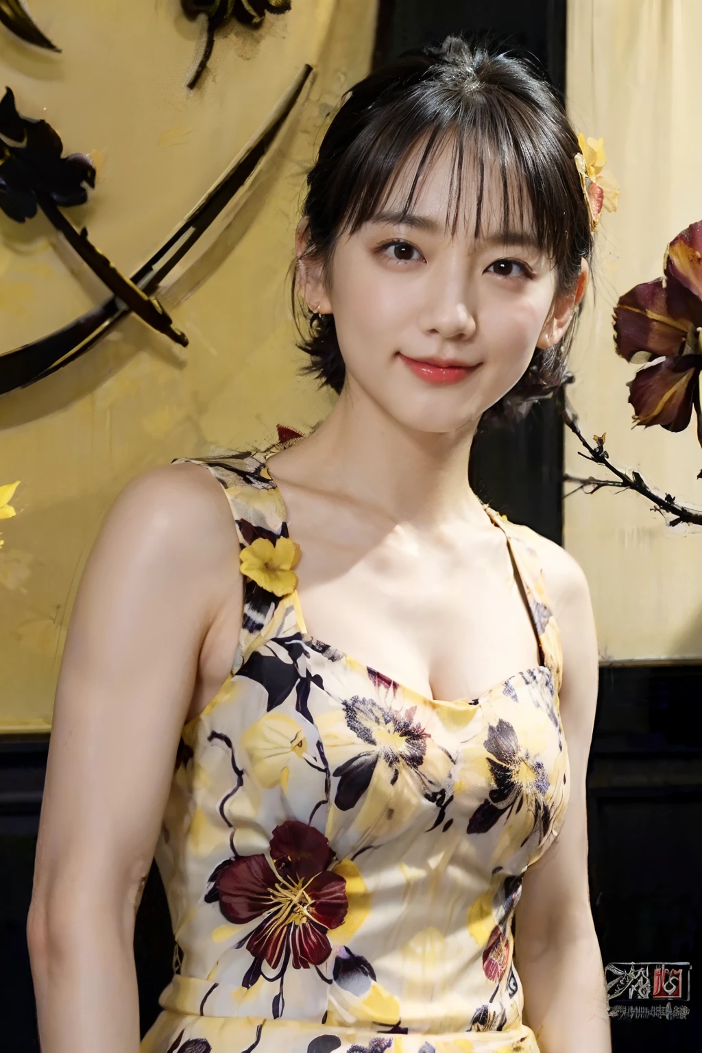 79
(20-year-old princess,is standing), (A hyper-realistic), (masutepiece), ((short-hair:1.46)), (Smooth black hair), (Breast:1.0), (kindly smile:0.9), (Yellow and red floral dress:1.46), Majestic Palace, Orange Lipstick