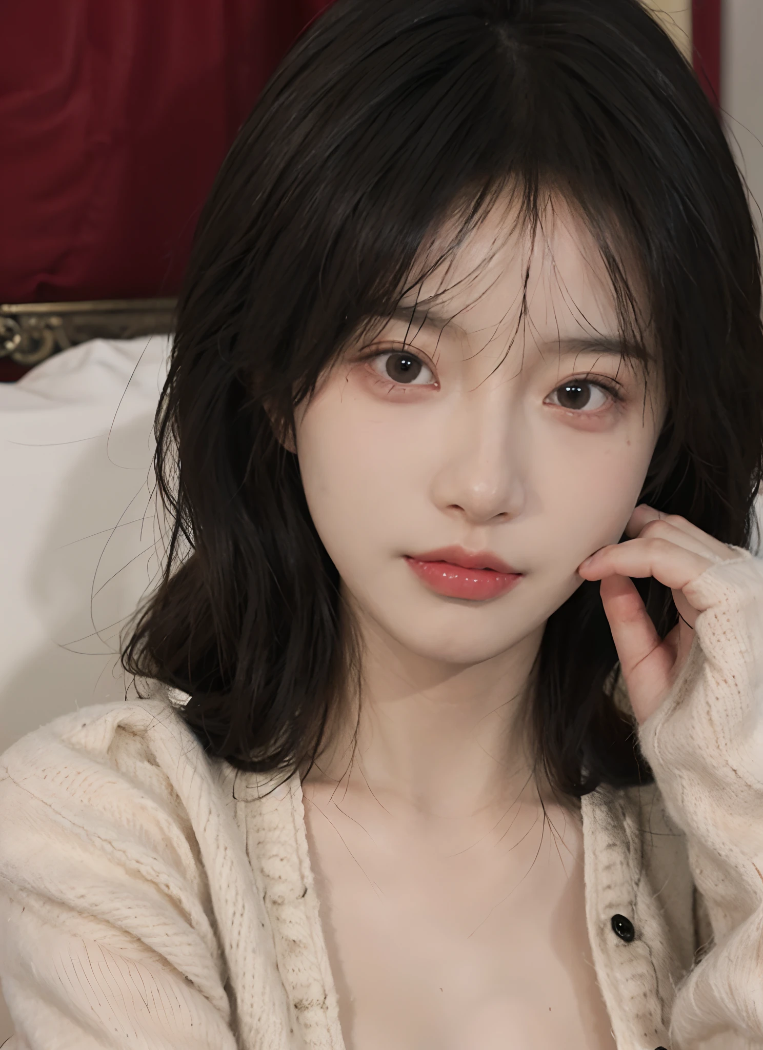 best qualtiy, 超高分辨率, (realisticlying:1.4), one-girl,Pink Long Hair, plain face,A pair of clear and moving eyes,Royal Sister,Beige sweater, looking at viewert, closeup cleavage ,