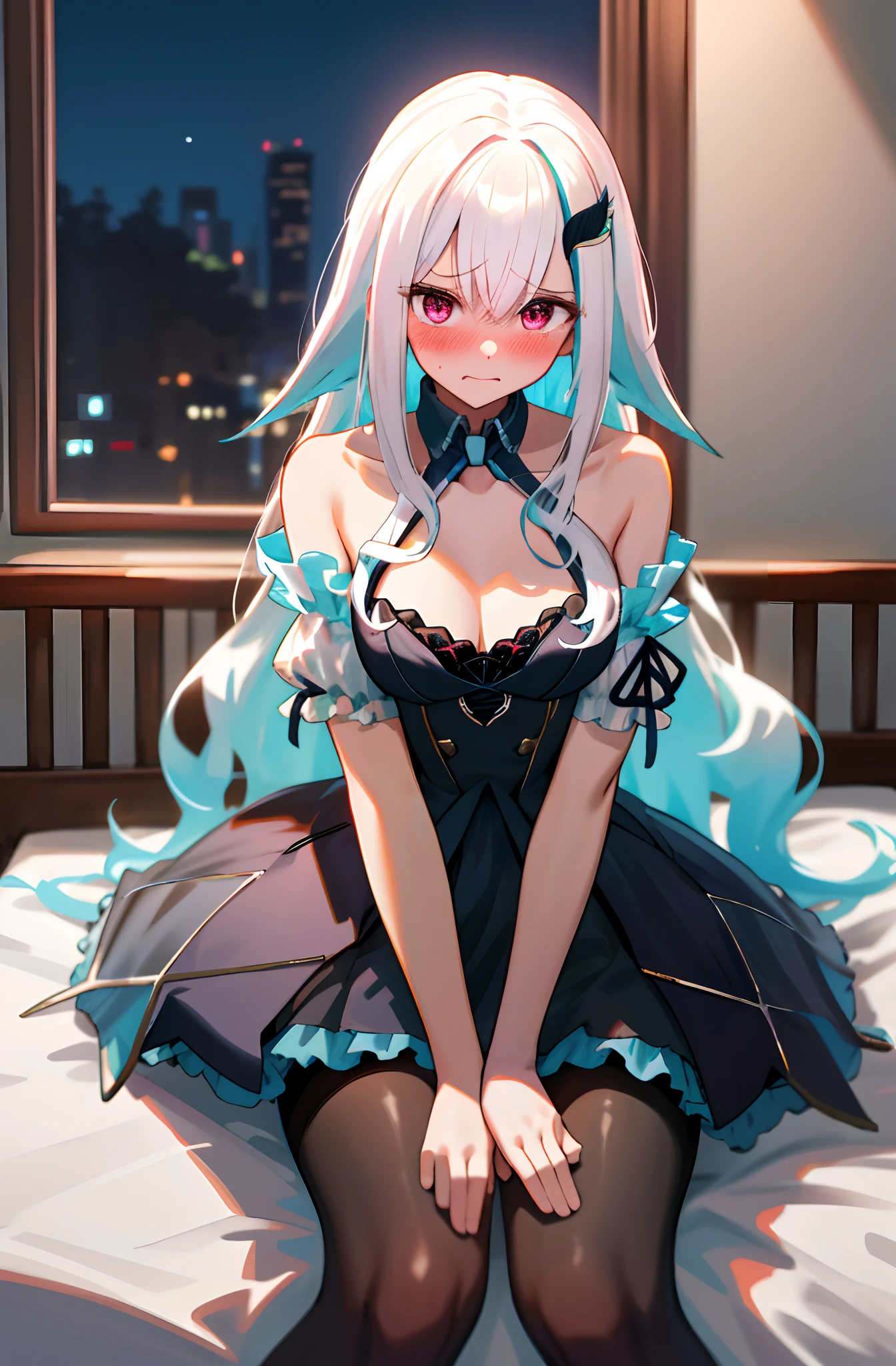 One girl with long wavy hair, white hair, looking at viewer, embarrassed, blushing, tears, indoor , bare shoulders, medium breast, black gown, black bra, naked, perfect waist, thigh, bed, micro mini skirt , sit on, spread legs, night atmosphere, kneeling pose, hair ornament, pantyhose
