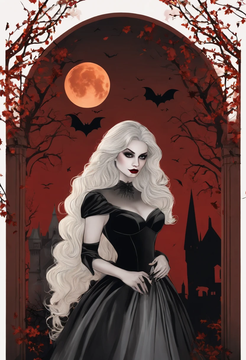 (best quality,4k,8k,highres,masterpiece:1.2),ultra-detailed,(realistic,photorealistic,photo-realistic:1.37),Halloween bat and vampire,illustration,dark mysterious atmosphere,mystical moonlit night,captivating gothic style,blood-red lips,sharp fangs,pale flawless skin,glossy black wings,translucent ethereal cape,vampire's piercing gaze,bat's intricate wingspan,rustling autumn leaves,sinister silhouette,ominous shadows,dimly lit graveyard,hauntingly beautiful scenery,spooky moonlight,spider webs glistening,creeping vines and twisted branches,antique castle in the background,ominous glowing eyes,hauntingly elegant vampire,ominous presence,nightmarish charm,macabre ambience
