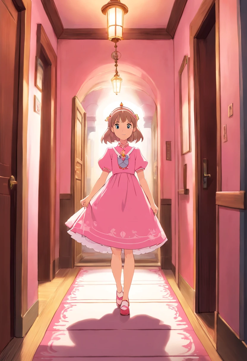 uma princesa loira com vestido rosa caminhando em um corredor de um vilarejo cheio de lojas ao redor