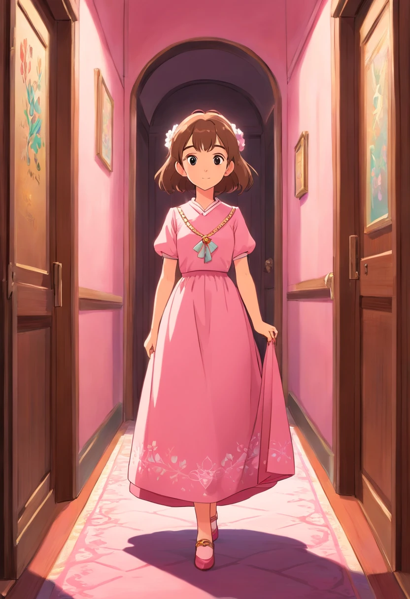 uma princesa loira com vestido rosa caminhando em um corredor de um vilarejo cheio de lojas ao redor
