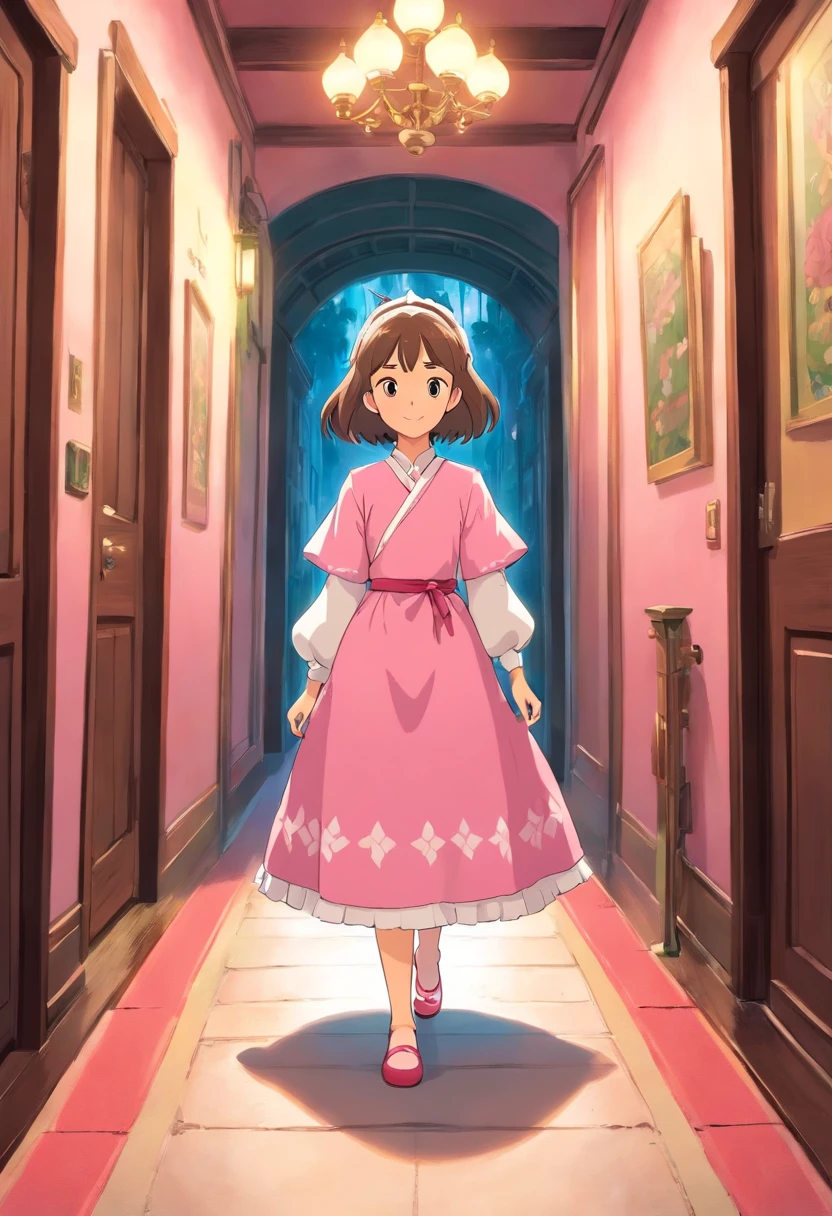 uma princesa loira com vestido rosa caminhando em um corredor de um vilarejo cheio de lojas ao redor