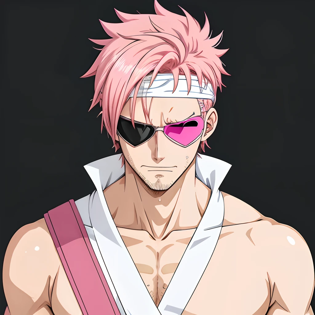 Pink hair, male anime character, dressed in white uniform, short hair, headband, goggles, full body, scar on forehead, from one piece anime