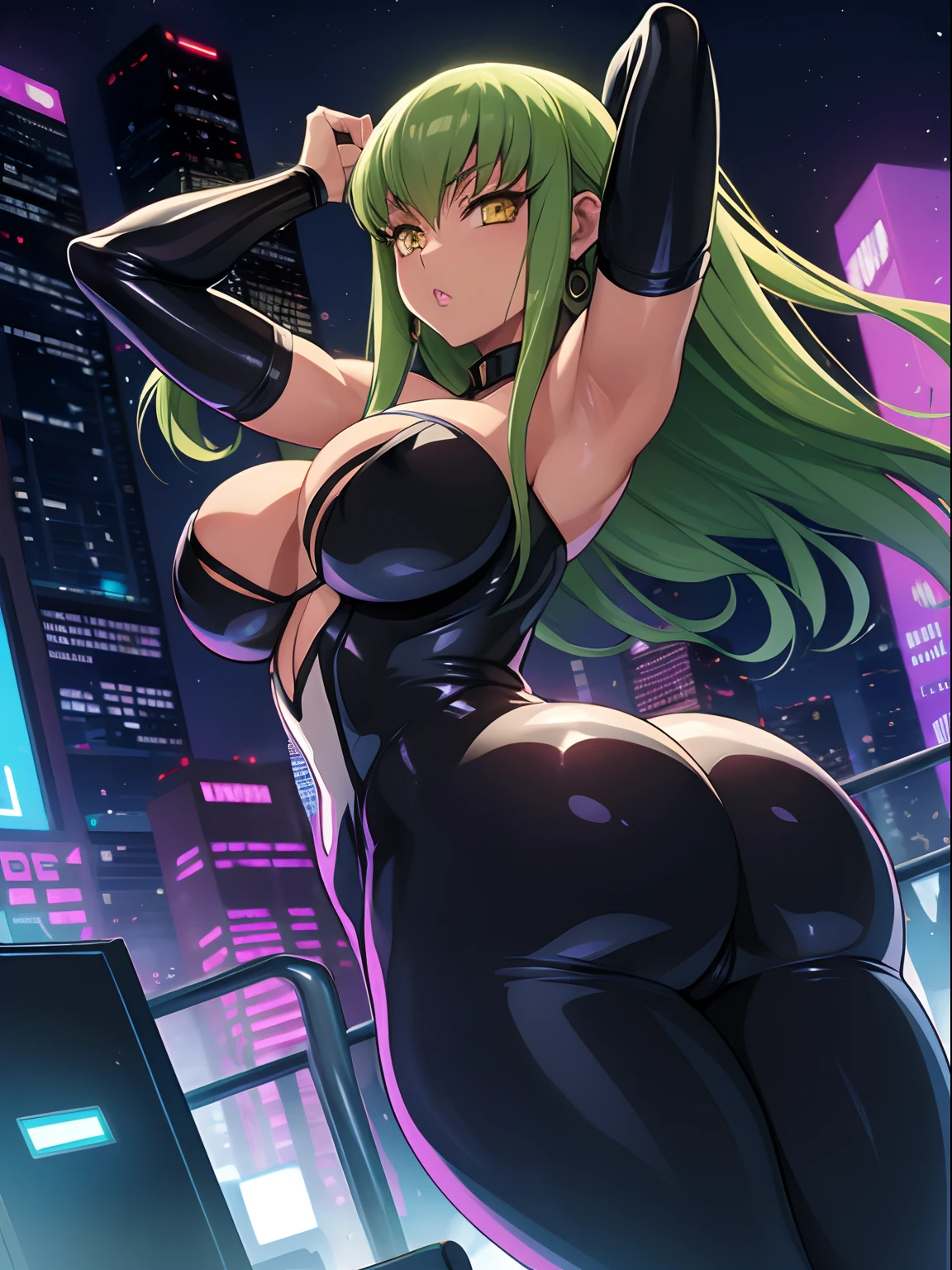 Code Geass, C.C, 1girl, (((bimbo))), long green hair, yellow eyes, ear rings, puffy lips, painted lips, thick lips, wide hips, thick thighs, small breast, huge ass, revealing cleavage, bubble butt, camel toe, Breasts, skin tight white venom, white venom, venom absorption, legs posing, arms up, night time city, cyberpunk,
