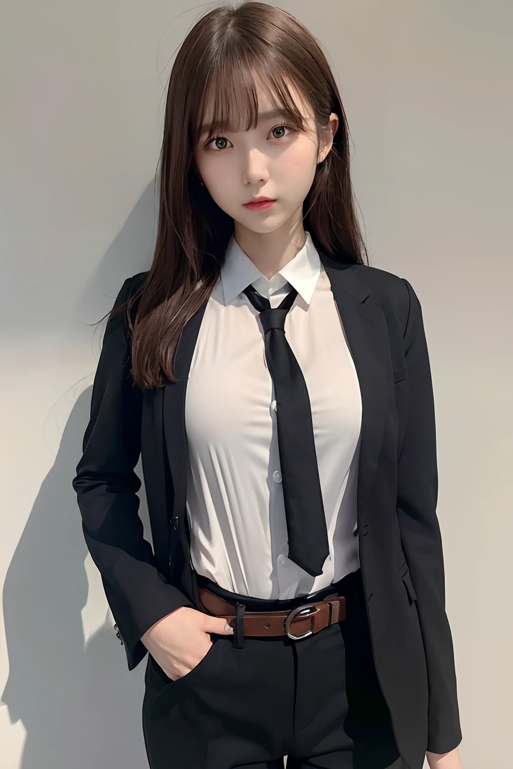 masterpiece、flat-colors、depth of fields、lens flare 1 girl、、Brown hair、watching at viewers a belt black suspenders Social OL huge-breasted Armpit sweat perspiring Side of both hands walls: Black Suit Black pants, Black jacket holster arm Leg holster Gaze No tie tiarra No bangs Small face