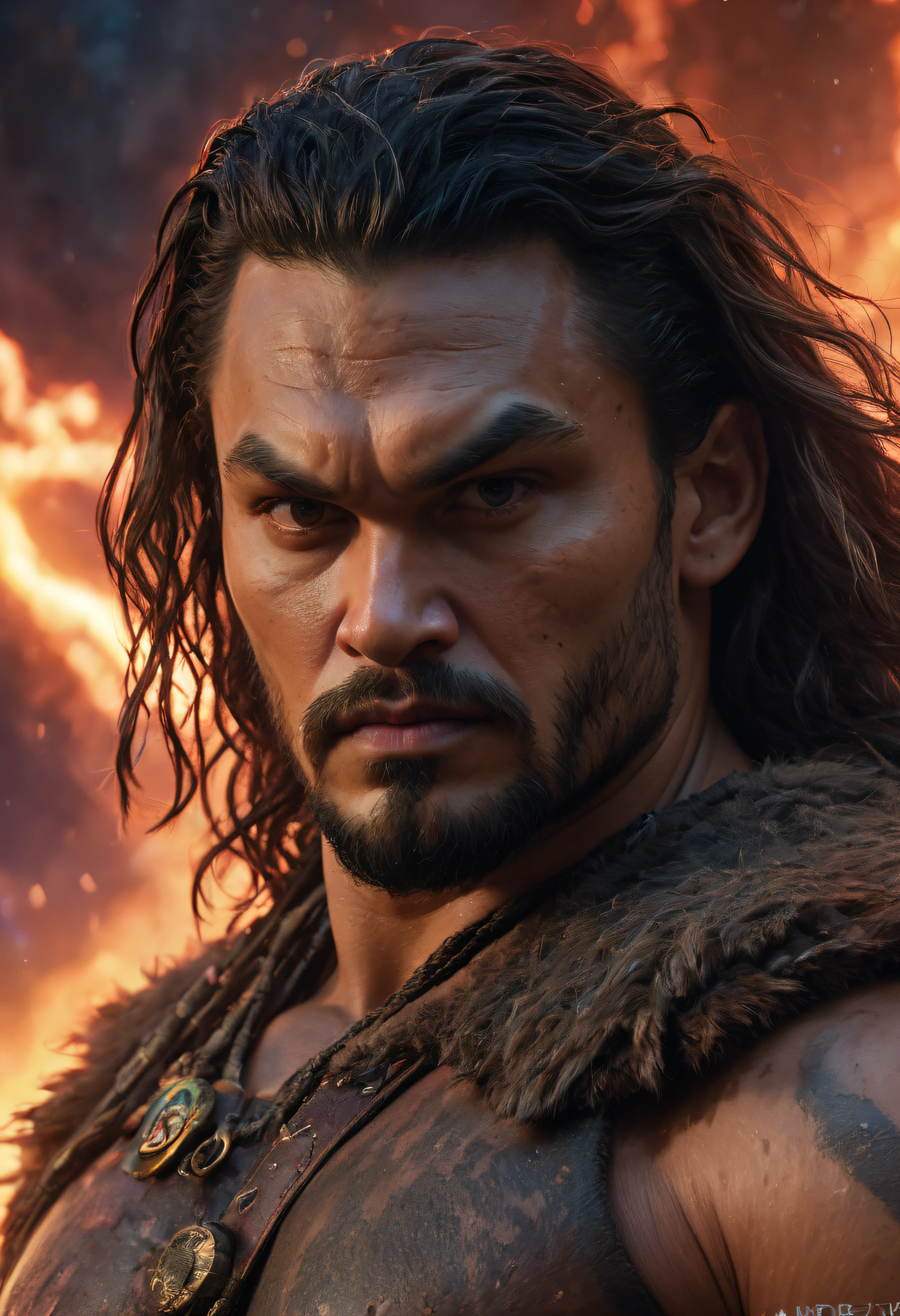 close-up, facial portrait, Jason Momoa as Conan the Barbarian, extremely colorful, multicolored lightning, outer space, planets, stars, galaxies, fire, explosions, smoke, volcanic lava, craggy mountain peaks in the background, professional quality, studio grade, highly detailed, 32k UHD, 1080p, hyper realistic, photorealistic, realistic, lifelike, 1200ppi, 2000dpi, highly detailed, extremely sharp, vibrant, colorful, well lit, cinematic, full field of depth, professional quality, professional quality, Hyper detail, sharp, vibrant, extremely colorful, lively,