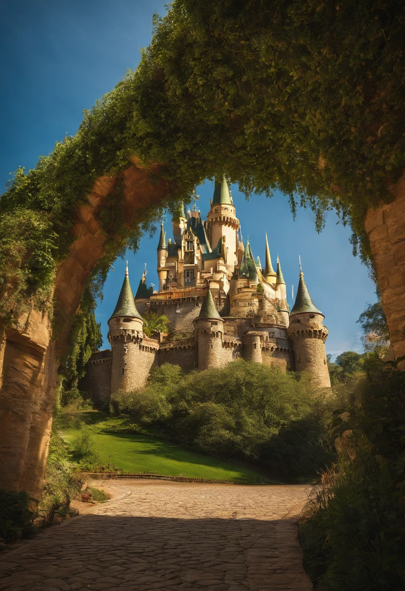Enchanting view of the golden path stretching to the horizon, guiding travelers to the lush Emerald City in the magical world of Oz, where your castle is centered in the middle and seen from below. The precious stones that line the path and the mesmerizing glow of the emeralds that adorn the city's magnificent emerald green buildings, onde a magia se torna realidade e a aventura espera a cada passo.