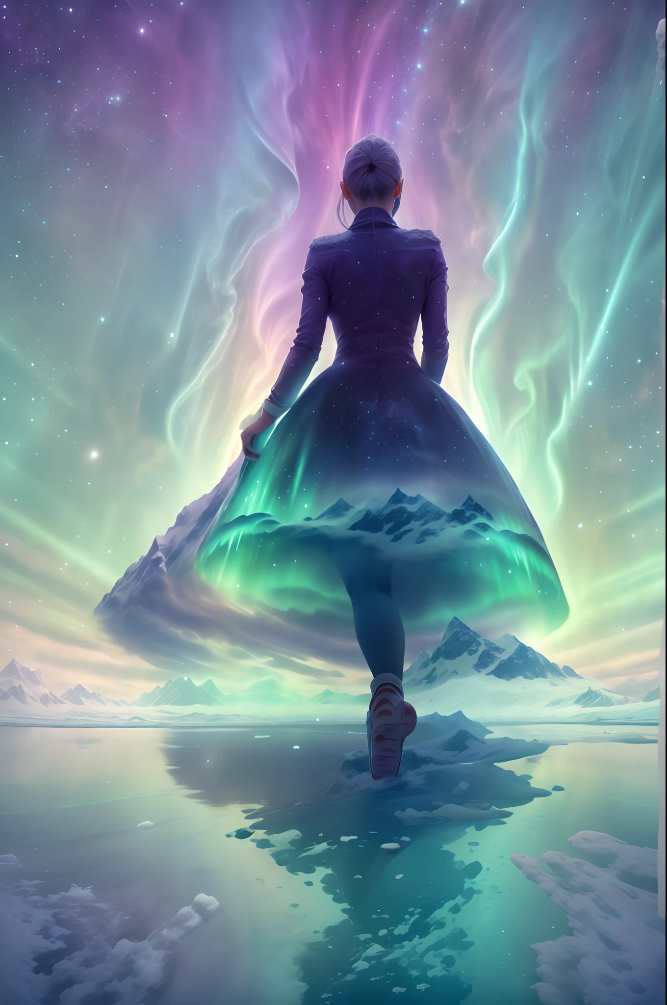 （The back of an actress dancing ballet on an iceberg floating island of the Northern Lights)，（Dancing backs：0.8），Smoked skirt，Fluttering hair， (Beautiful silhouette：1.0）
Green and purple Northern Lights meteor showers drill in the mountains, Towering icebergs，The earth was covered with snow，An island floating in the sea，Auroras also illuminate the ocean beneath the ice，It animates the entire ocean，The silence and mystery of the landscape:0.7, The beauty of celestial bodies:0.6, Natural phenomena:0.5, Ethereal，dramatic aurora borealis,Filled with swirls and dynamic colored smoke，Ballerina smoky swirl dress，Flowy purple smoky dresses and fast-spinning movements are a source of inspiration, Key elements::conveying a sense of mystery, smooggy，colorful atmosphere.Emphasis on dynamics，minimalistbackground, （From an upward perspective），ultraclear，