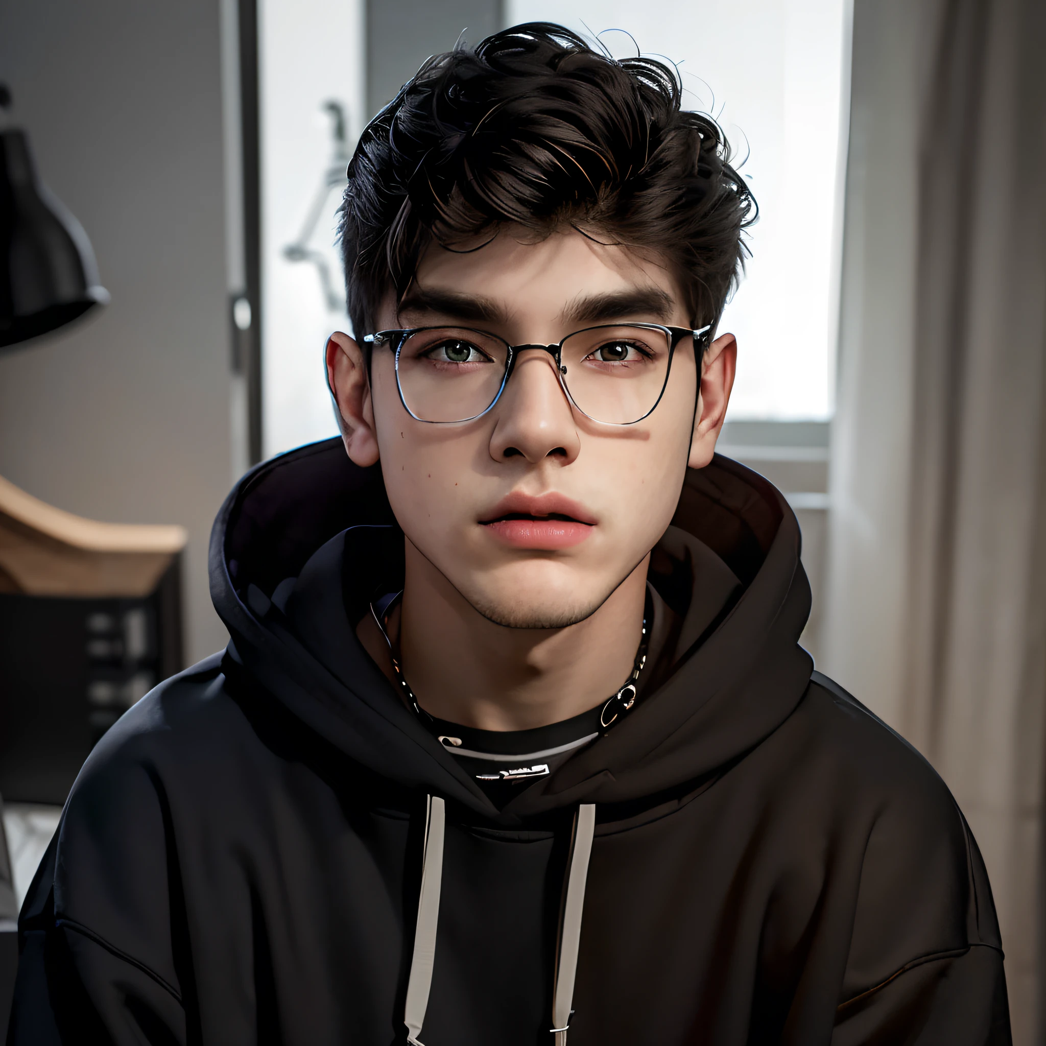 (masterpiece:1.2), (best quality:1.2), hyper realistic,highestres,absurdres,extremely detailed,volumetic,dramatic lighting,(frontal view),
20 year old boy,face,detailed eyes, black hoodie, black t-shirt