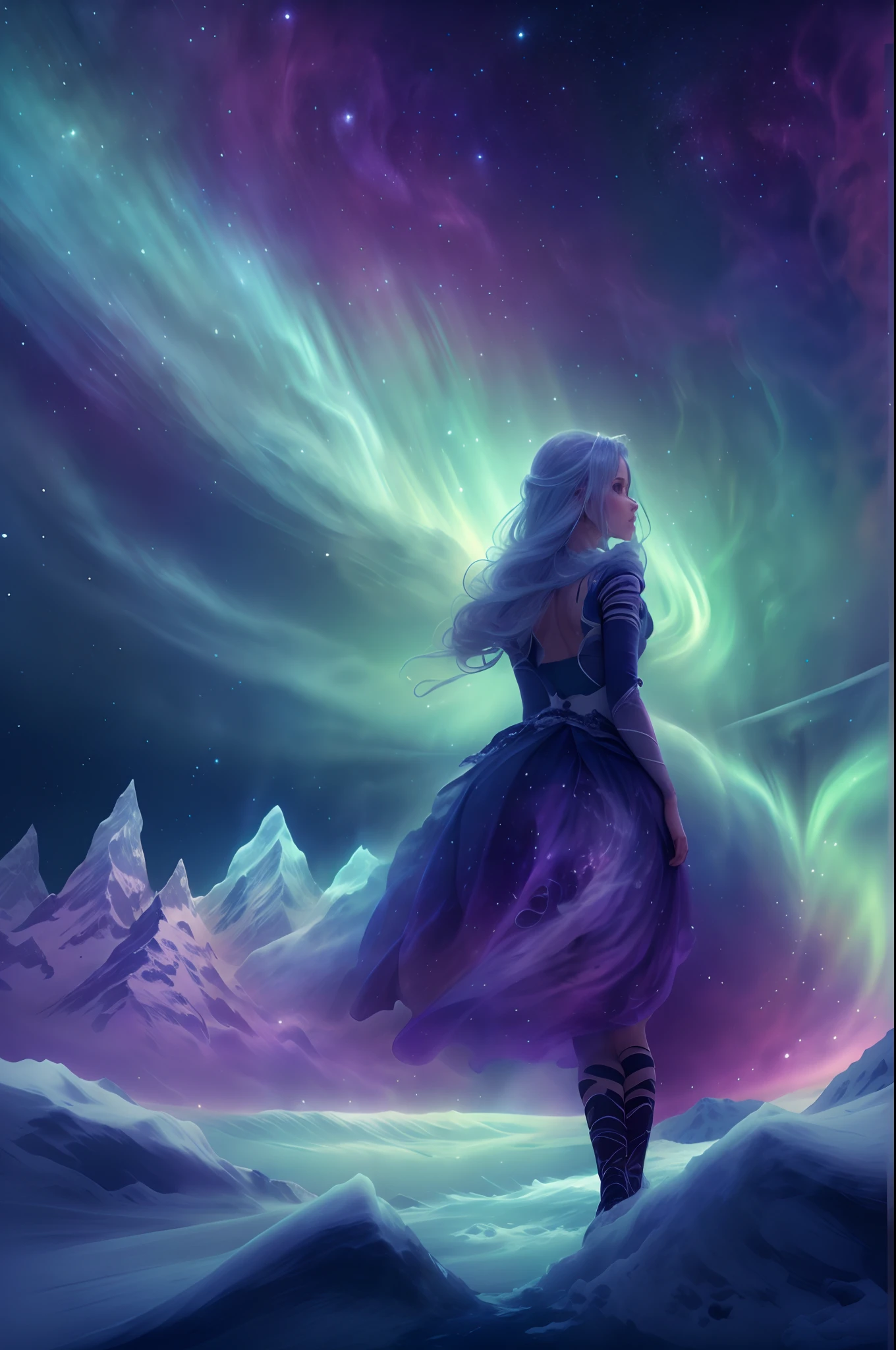 （The back of an actress dancing ballet on an iceberg floating island of the Northern Lights)，（Dancing backs：0.8），Smoked skirt，Fluttering hair， (Beautiful silhouette：1.0）
Green and purple Northern Lights meteor showers drill in the mountains, Towering icebergs，The earth was covered with snow，An island floating in the sea，Auroras also illuminate the ocean beneath the ice，It animates the entire ocean，The silence and mystery of the landscape:0.7, The beauty of celestial bodies:0.6, Natural phenomena:0.5, Ethereal，dramatic aurora borealis,Filled with swirls and dynamic colored smoke，Ballerina smoky swirl dress，Flowy purple smoky dresses and fast-spinning movements are a source of inspiration, Key elements::conveying a sense of mystery, smooggy，colorful atmosphere.Emphasis on dynamics，minimalistbackground, （From an upward perspective），ultraclear，