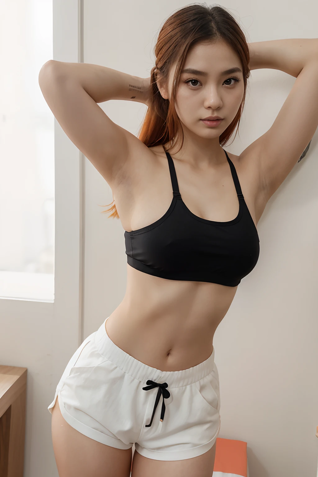 araffe in a black bra top and white shorts in a beach, korean girl, gorgeous young korean woman, back pose, in shorts, cottagecore!! fitness body, toned derriere, thicc, side pose, beautiful south korean woman, booty shorts, 2 4 year old female model, sexy girl wearing shorts, korean woman, lit from behind, heavy makeup, hair ties, slightly open mouth, big eyes, glossy, very pretty face, slender waist, sex pack, light orange hair, tattoo girl