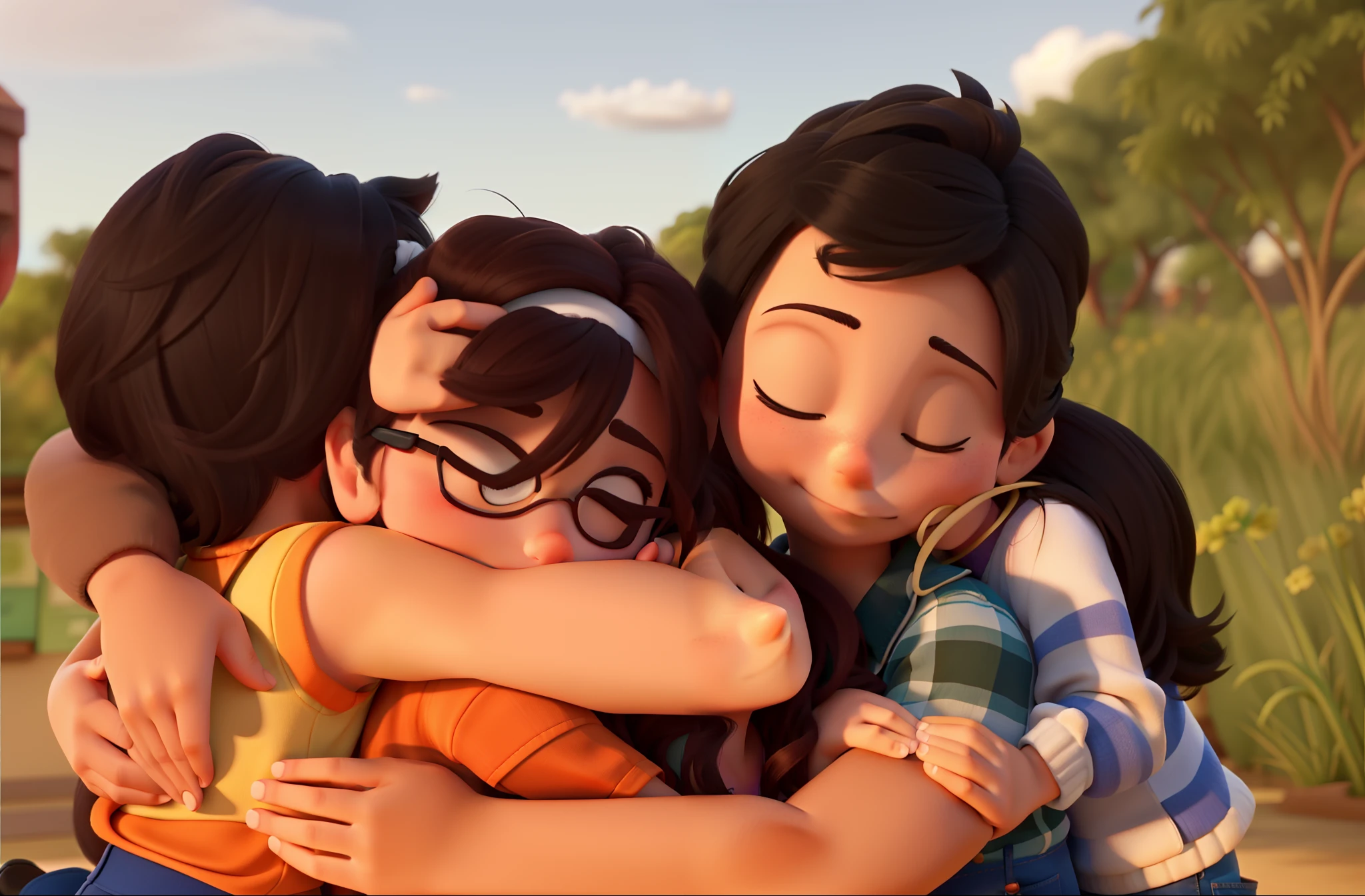 Three people hugging each other, estilo disney pixar, alta qualidade, melhor qualidade
