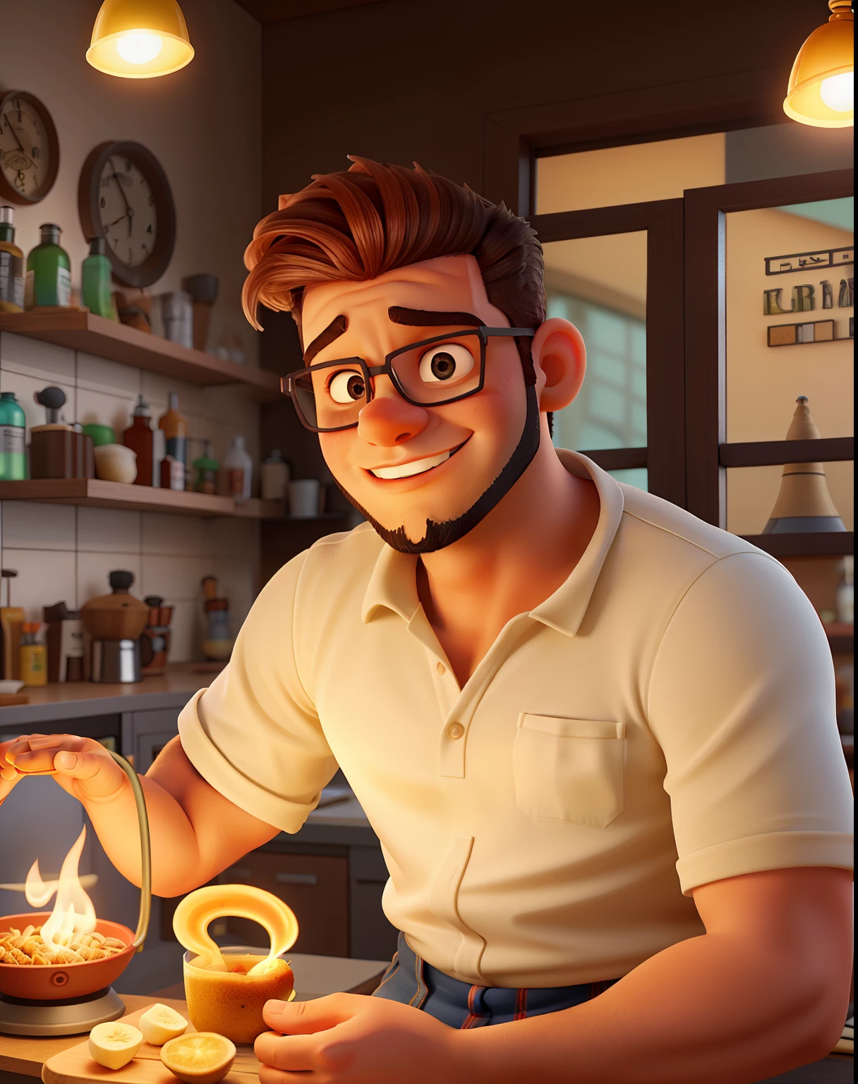 Um gordinho de cabelo cortado em volta de uma cadeira de barbeiroaltura de 1,70, illuminated by the light of a lamp, contra o pano de fundo de uma barbearia