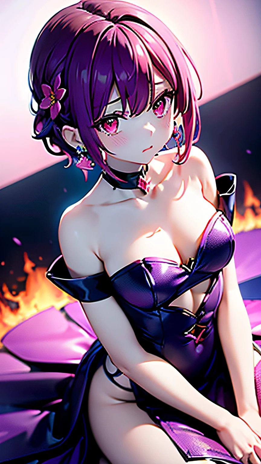 (masutepiece, Best Quality),Pink starry background,Purple Choker,Red Eyes,flower,Blue Mesh Dress,Bare_shoulders,鎖骨,earrings,Jewelry,(flower,fire),hair behind ear,
Sense of depth,4K,absurderes,(From  above),Dynamic Angle,