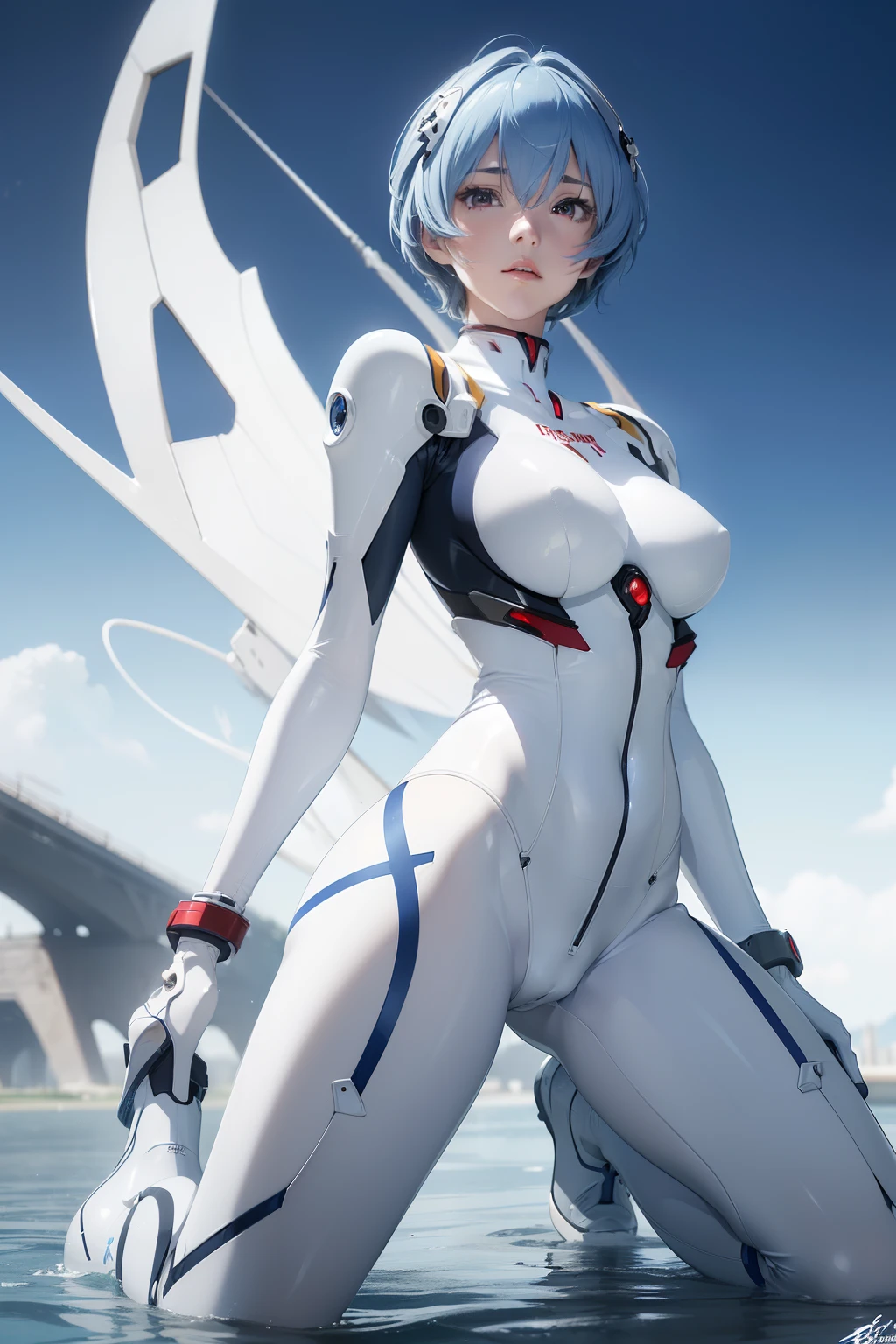 (masterpiece, best quality, ultra-detailed, 8k, wallpaper, photorealistic), ((perfect hands)), ((perfect anatomy)), medium cleavage, long round legs, round ass, ((alluring anime girl)), ((Rei Ayanami)), ((capturing her ethereal beauty with pale skin, striking detailed short indigo hair)), ((and bright crimson eyes that seem to hold a mysterious depth)), ((she wears her signature white plug suit, sleek and form-fitting, with subtle blue accents)), ((medium shot, from below)), ((dynamic background)), ((sensual pose, crouching))