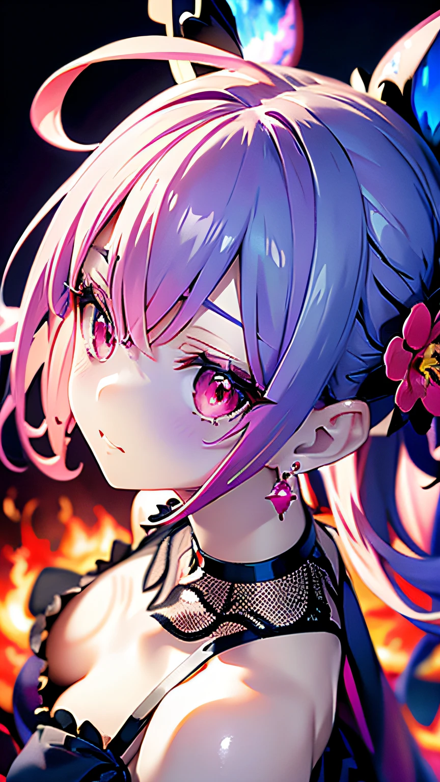 (masutepiece, Best Quality),Pink starry background,Purple Choker,Red Eyes,flower,Blue Mesh Dress,Bare_shoulders,鎖骨,earrings,Jewelry,(flower,fire),hair behind ear,
Sense of depth,4K,absurderes,(From  above),Dynamic Angle,