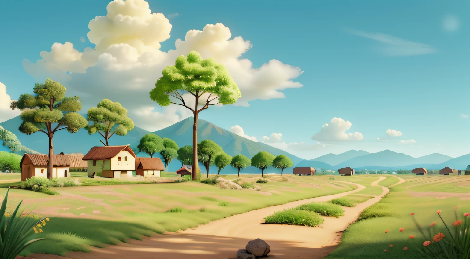 crie uma paisagem de um loteamento, sem casas, With green vegetation and sunny skies