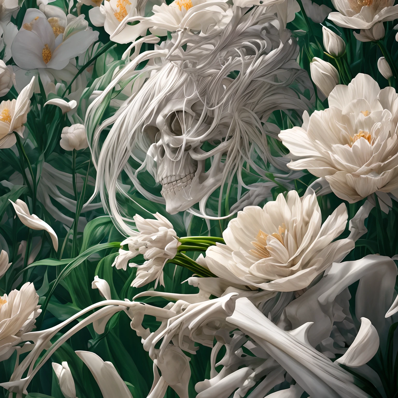 The earth full of the bones of giant beasts is full of flowers,A white-haired woman plays a jade flute on a skeleton。8k,extreme hight detail。 --auto
