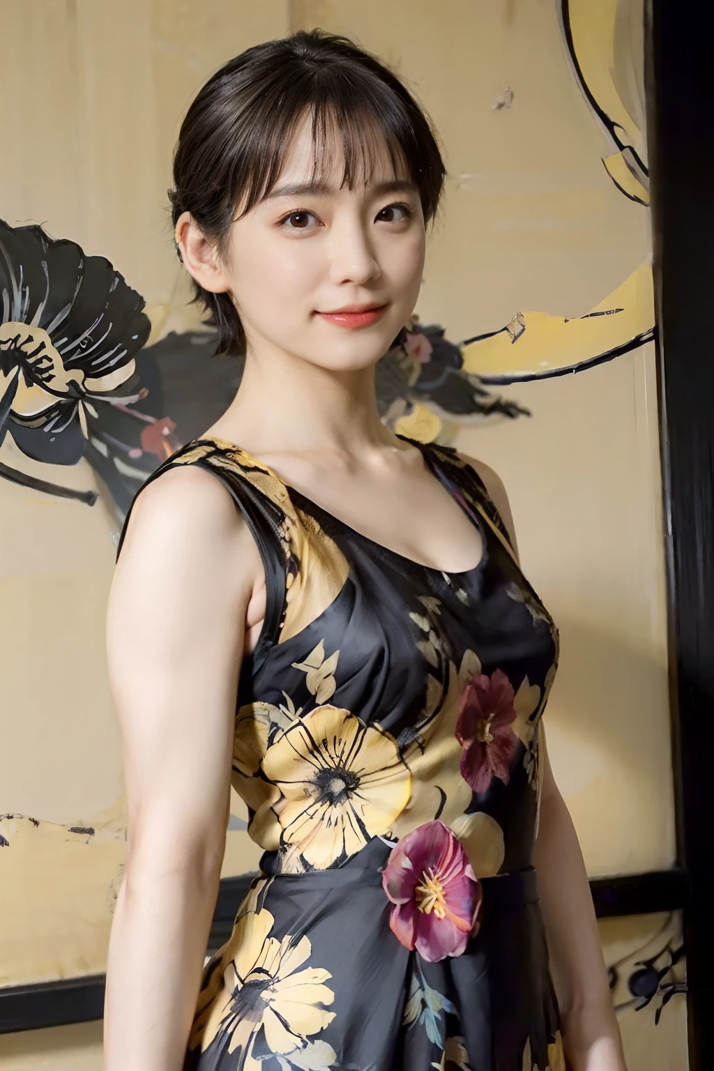 79
(20-year-old princess,is standing), (A hyper-realistic), (masutepiece), ((short-hair:1.46)), (Smooth black hair), (Breast:1.0), (kindly smile:0.9), (Yellow and red floral dress:1.46), Majestic Palace, Orange Lipstick