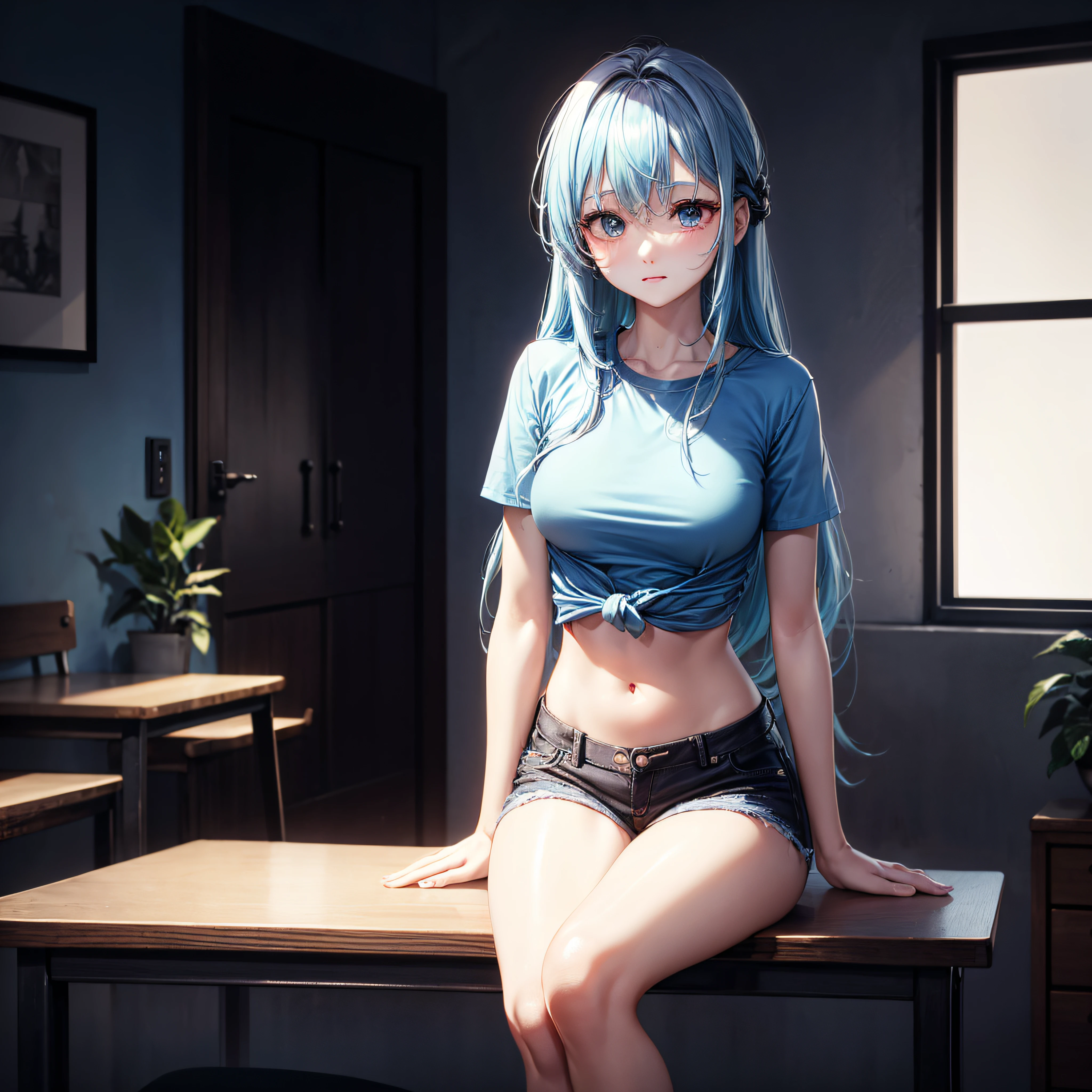 Create a high-quality, detailed image of a beautiful, anime gamer girl with long hair, bright blue eyes, and a smile, sitting at her gaming PC in her gaming room. She is wearing a see through tank top, barely showing her nipples, and sleep shorts, showing her midriff, highlighting her stunning curves. The warm, inviting scene includes soft ambient lighting, comfortable seating, The setting is illuminated by a small lamp, creating a serene and intimate atmosphere