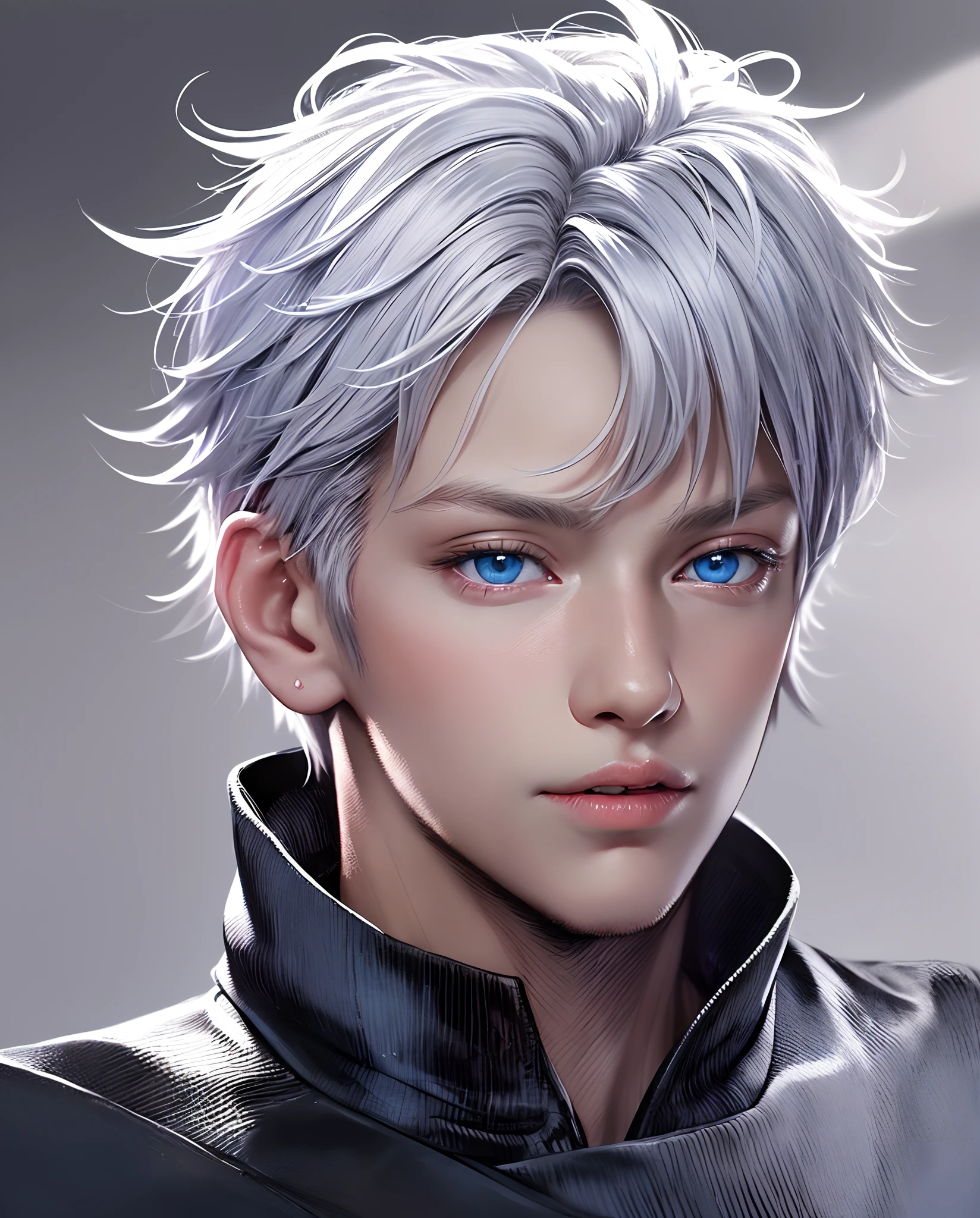 ((masterpiece, best quality)), (1boyl), (solo), (male focus), gojo\(jujutsu kaisen\),(very detailed face, real image, realistic skin, realistic body, intricate details), upper body, focus on face, blue eyes, white hair, hair tied, far sleeve shirt, black pant