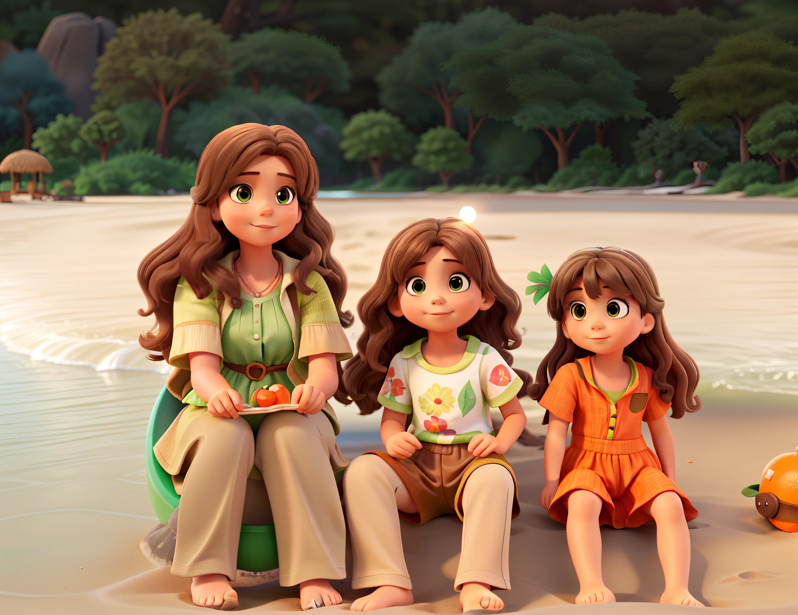 A wise woman with light brown hair dressed in green, A child girl with light brown hair dressed in a colorful swimsuit, A child girl with light brown hair wearing an orange swimsuit, Sitting on the sand of the beach in front of there are some trees, com a luz do sol
