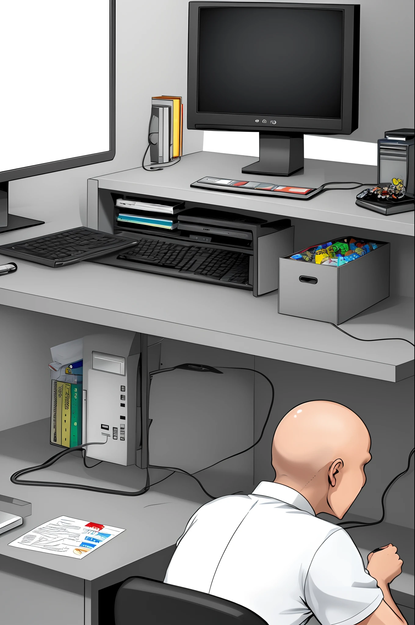 Clumsy Computer Scientist Bald Skinny, spanish, about 55 years old. Es muy torpe con los ordenadores. Comic Image