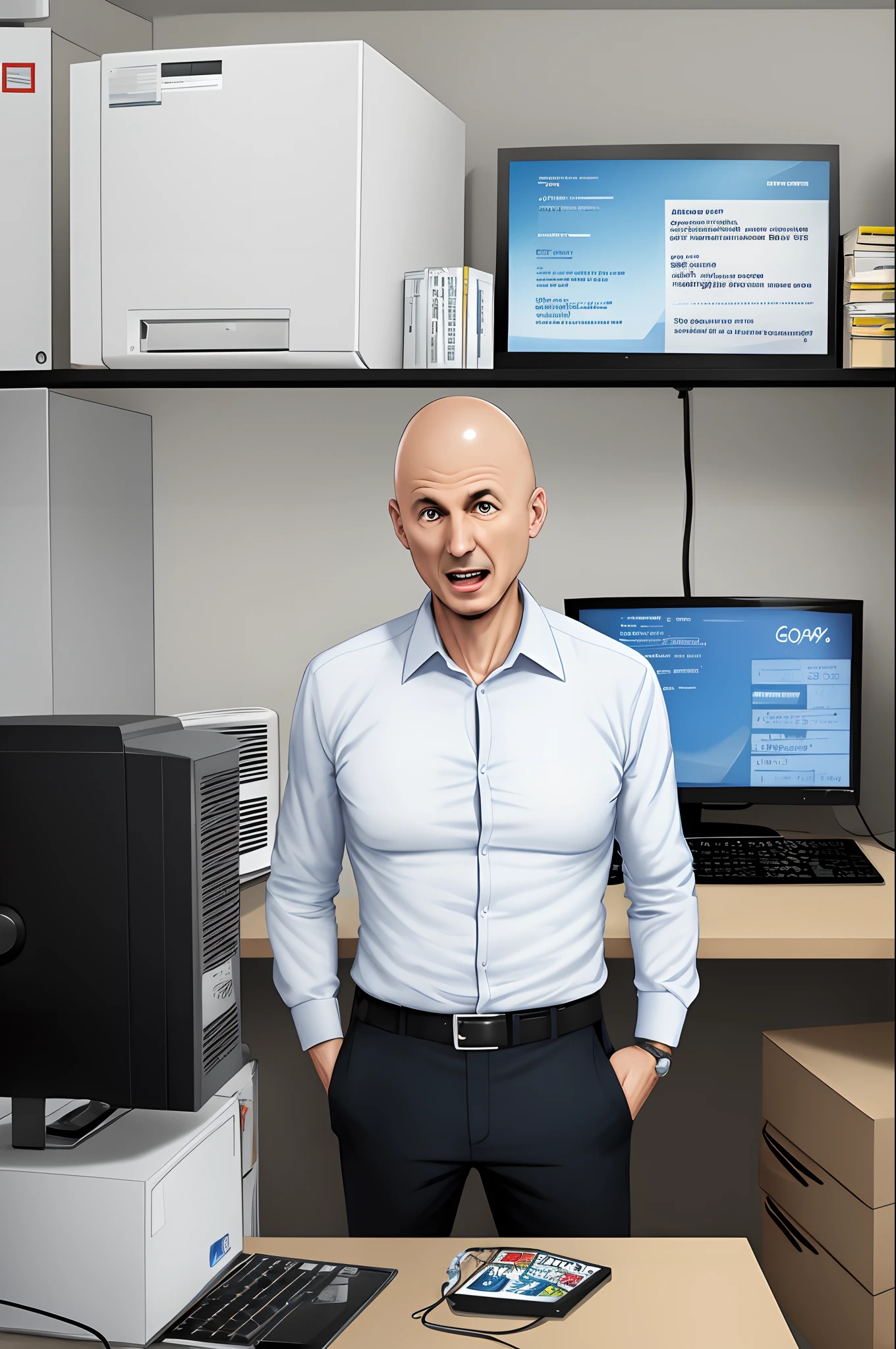 Clumsy Computer Scientist Bald Skinny, spanish, about 55 years old. Es muy torpe con los ordenadores. Comic Image