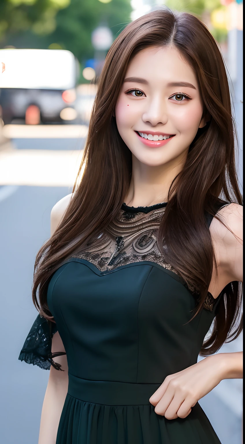 ((Best quality, 8k, Masterpiece :1.3)), 1girl, smiling, full body, slim face, Pretty woman, (Dark brown hair), full length dress :1.1, Ultra-detailed face, Detailed eyes, Double eyelid, blur background, slim face, city, outside, street,