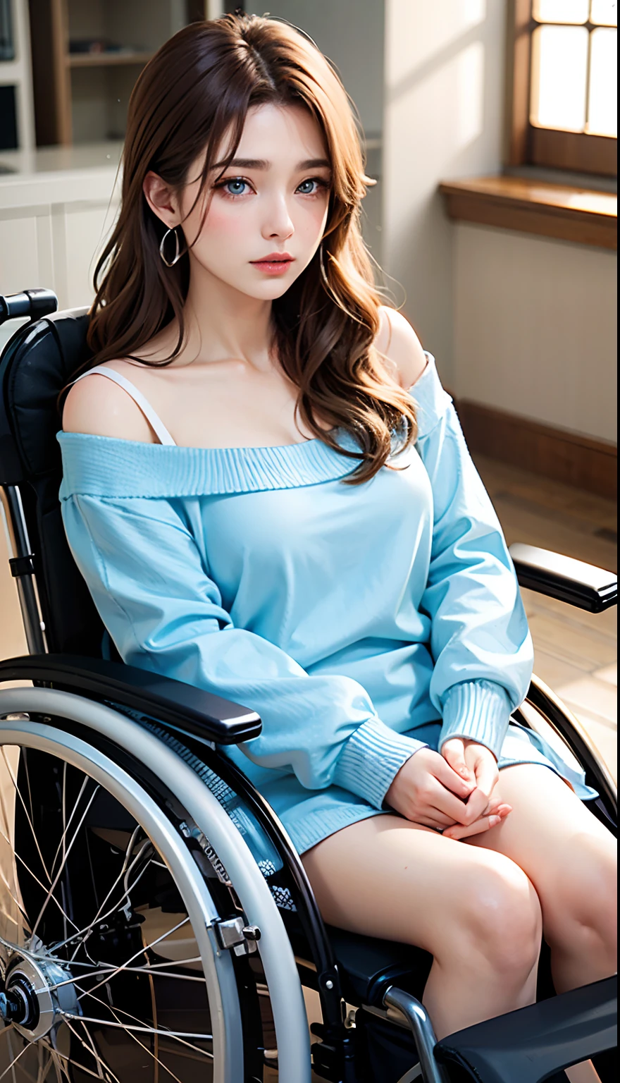 lightbrown hair、Intense crystal light blue eyes、no earrings wheelchair crutch