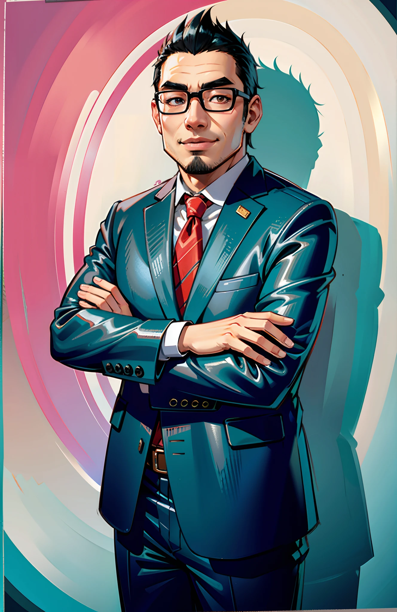 Asian man with glasses, (Masterpiece:1.2), (Best quality, 8K:1.0), Detailed illustration, Smiling, eed T恤, Detailed face, Perfect face, The face is perfect and slightly chubby,Anime eyes, Detailed eyes, Beard,Deep red eyes, highlights in the eyes, detailed hairs, Black hair, Highlighter on hair, Daytime, Highly detailed, Anime style, vibrant, red theme