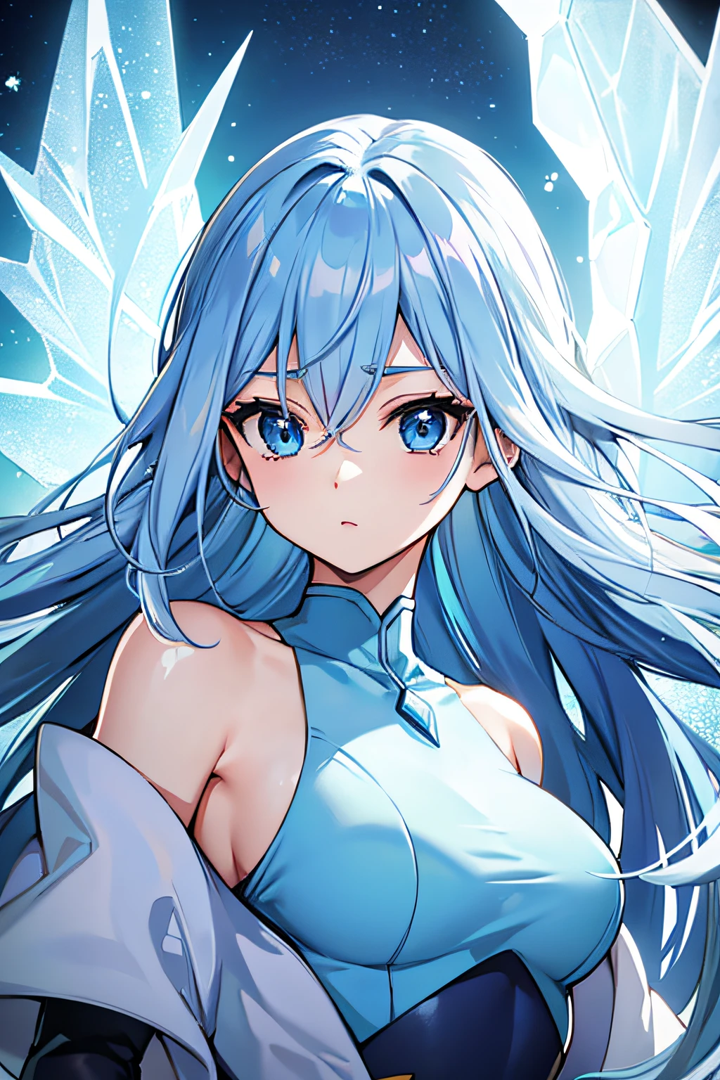 Freezer Cosplay、A pokémon、Beautiful adult woman、hight resolution、top-quality、Delicate hair、lightblue hair、Light blue clothes、Blue eyes、Longhaire、icy、Wings of Ice