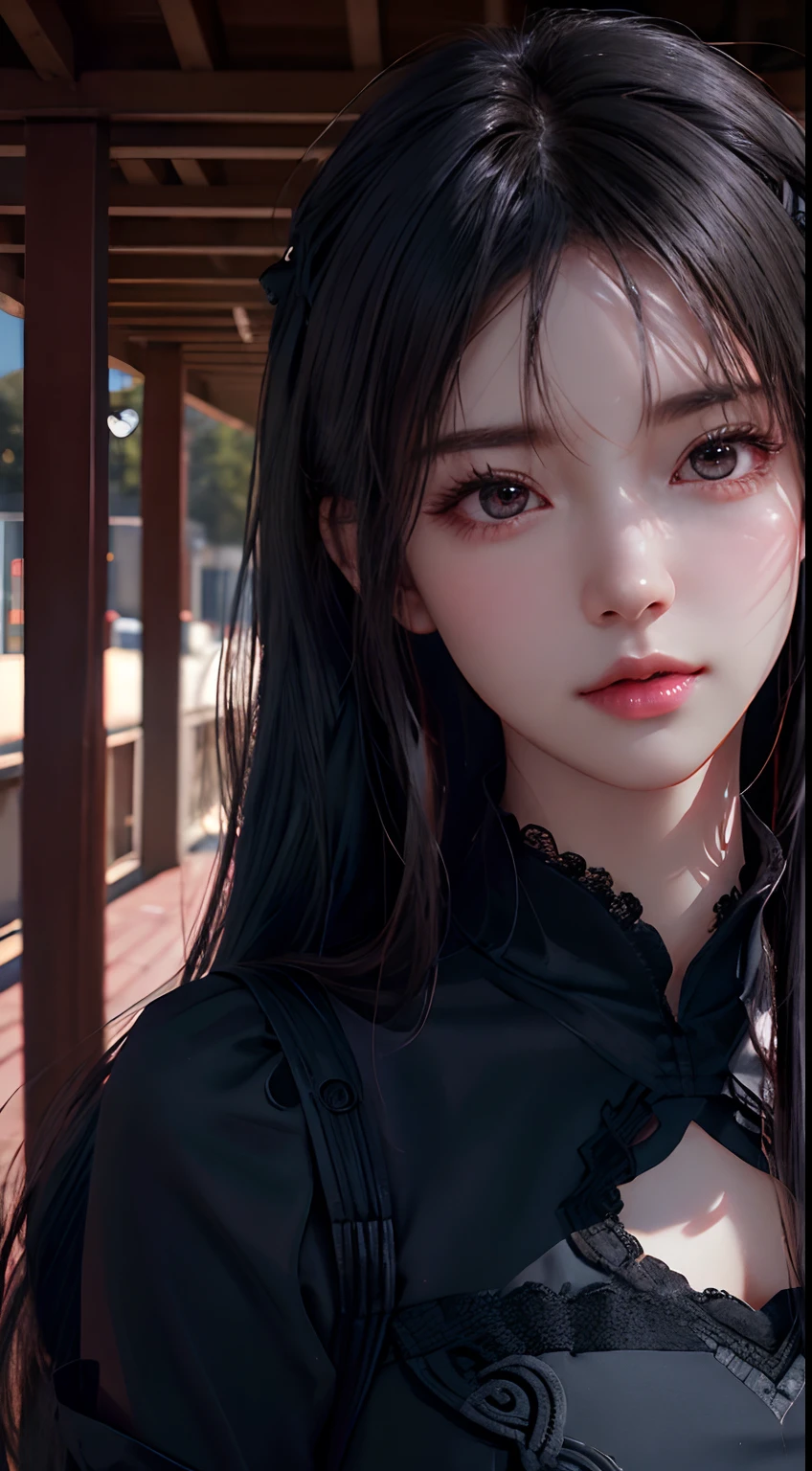 long eyeslashes, solid circle eyes, Pony tail, hair shiny and dark., Black eyes,a delicate face, hyperrealism, Hidden, anaglyph, Stereogram, Angle of view, atmospheric perspective, 8K, super detaill, ccurate, Best Quality,1girll,On-Campus,mediuml breasts,Black long dress
