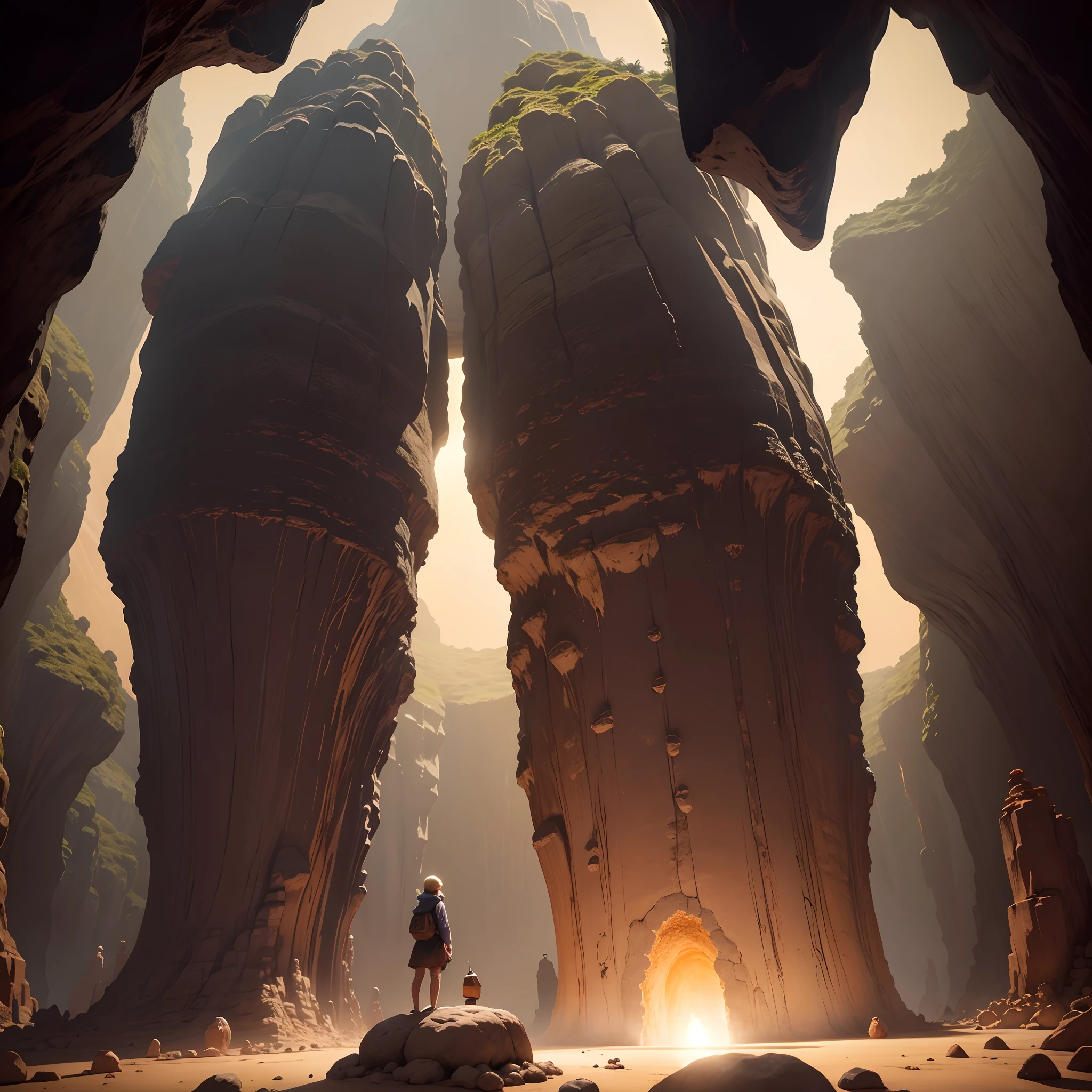 Uma caverna no topo de uma colina, com uma entrada ampla e escura. Dentro da caverna, pode-se ver pequenos raios de luz filtrados pelas aberturas no teto coberto de musgo.