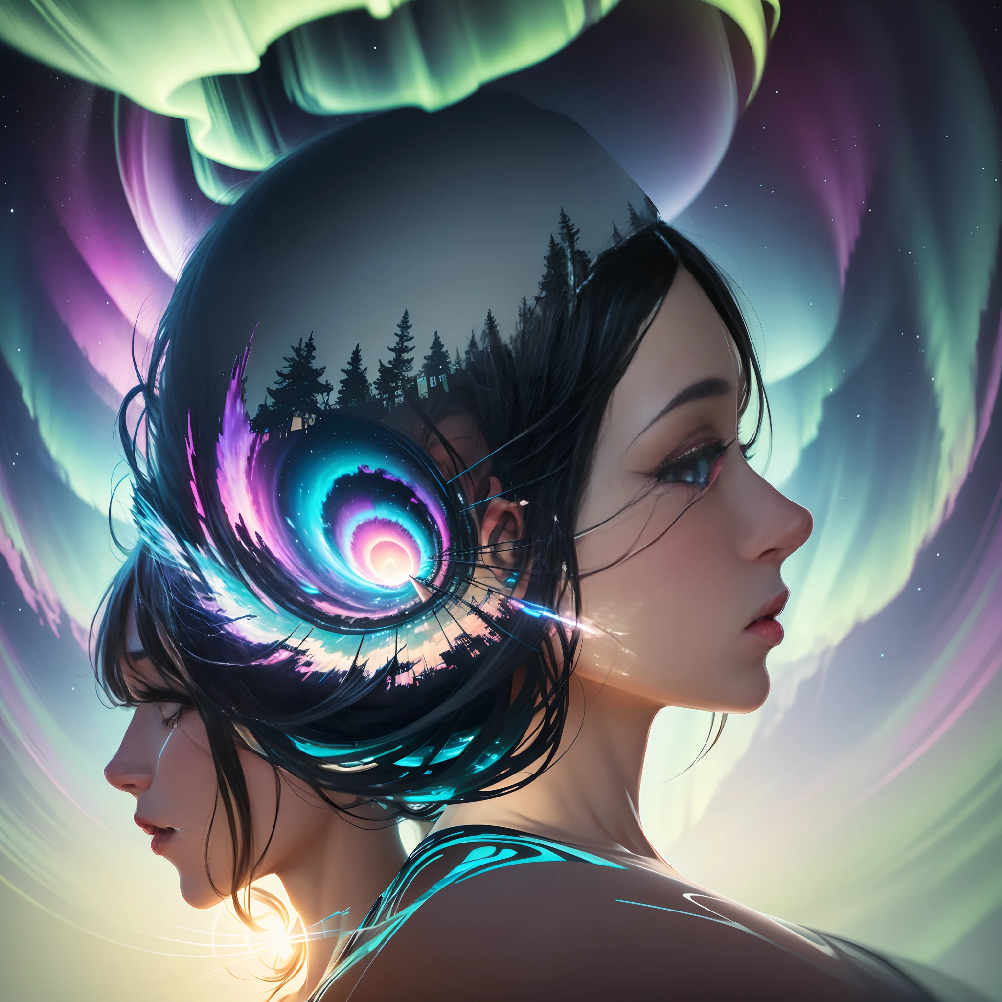 tmasterpiece, 4K, Hyper-Resolution, Optimal image resolution,aurora borealis,photography of,(Doubleexposure:1.8),A chaotic storm of aurora erupted in the transparent girl's brain,The transparent and ethereal girl's face blends with the aurora,Express your thoughts, Emotions and dreams in surreal and magical Northern Lights landscapes. Abstract portrait of a transparent girl,Northern Lights landscape,Epic surrealist style,Epic dreamy style,epic digital art illustration