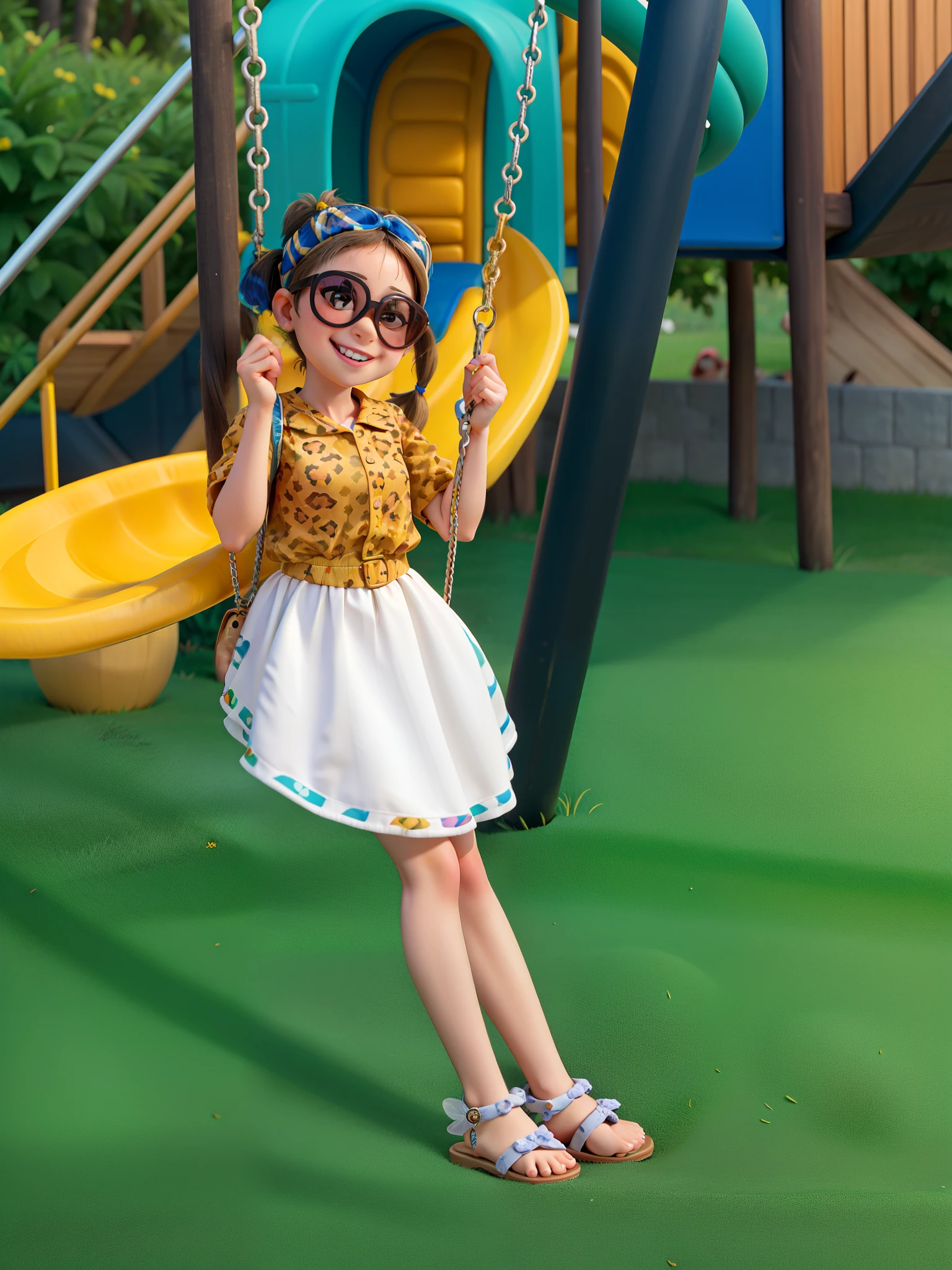 Uma menina branca de 03 anos,Smiling ne a playground swing ,ela tem cabelos escuros e ondulados ,ela usa pigtails nos cabelos e presilhas brancas ,She wears leopard print sunglasses, ela veste blusa de oncinha e saia de tule branca,He's wearing a golden butterfly slipper