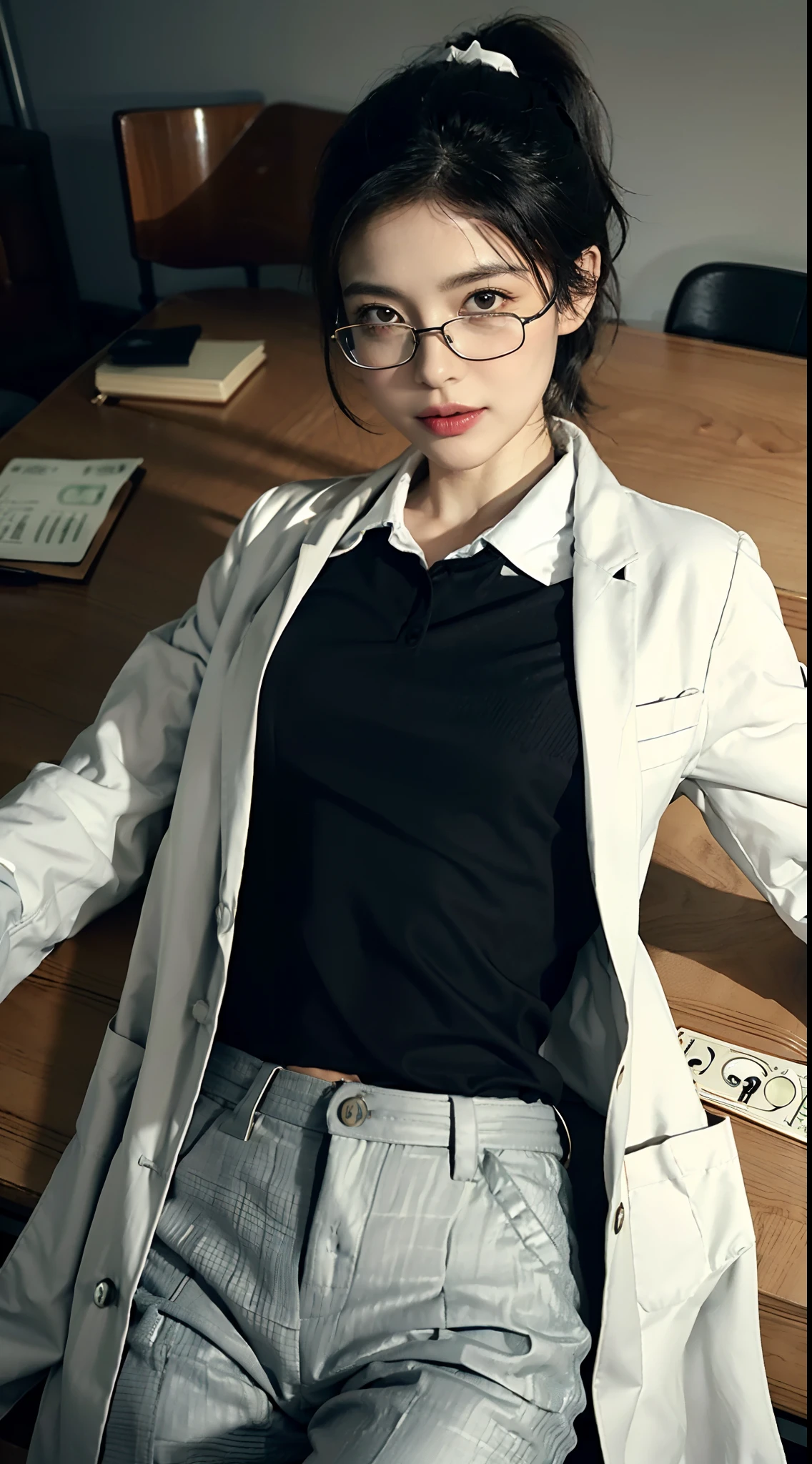 ((Small underboob)), (shoulder-length straight short hair: 1.1),(black hair:1.5),Upper body, （Extremely meticulous CG 8k wallpaper），（Extremely refined and beautiful），（Masterpiece），（best qualtiy：1.0），（Ultra High Resolution：1.0），beautiful light up，Perfect lightning，realistic shaded，[A high resolution]，Smooth and flawless fair skin，Extremely exquisite facial details，（perfect body：1.1），ultra - detailed,A beautiful girl，small head,(Small breasts:1.1)，Flat chests，slim，thin，Smile，cheerfulness,(doctor's white coat:1.7),(collared shirt and pants:1.4),autumn,Morning,A female doctor,(short ponytail:1.1),wearing glasses,Medical mask,In a dilapidated hospital，In the office,(lying flat on back on the office table:1.5),Close Shot,(a lot of money on the table:1.5),cowboy shot,Portrait above chest level,from back,hips
