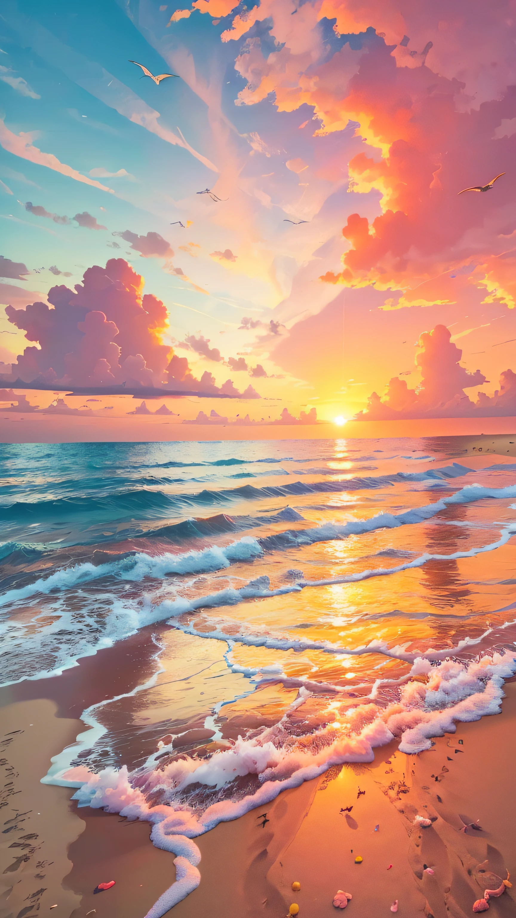 sea beach，the sunset，the setting sun，swell sea，The sky is mixed with orange、Pink and yellow，Clouds