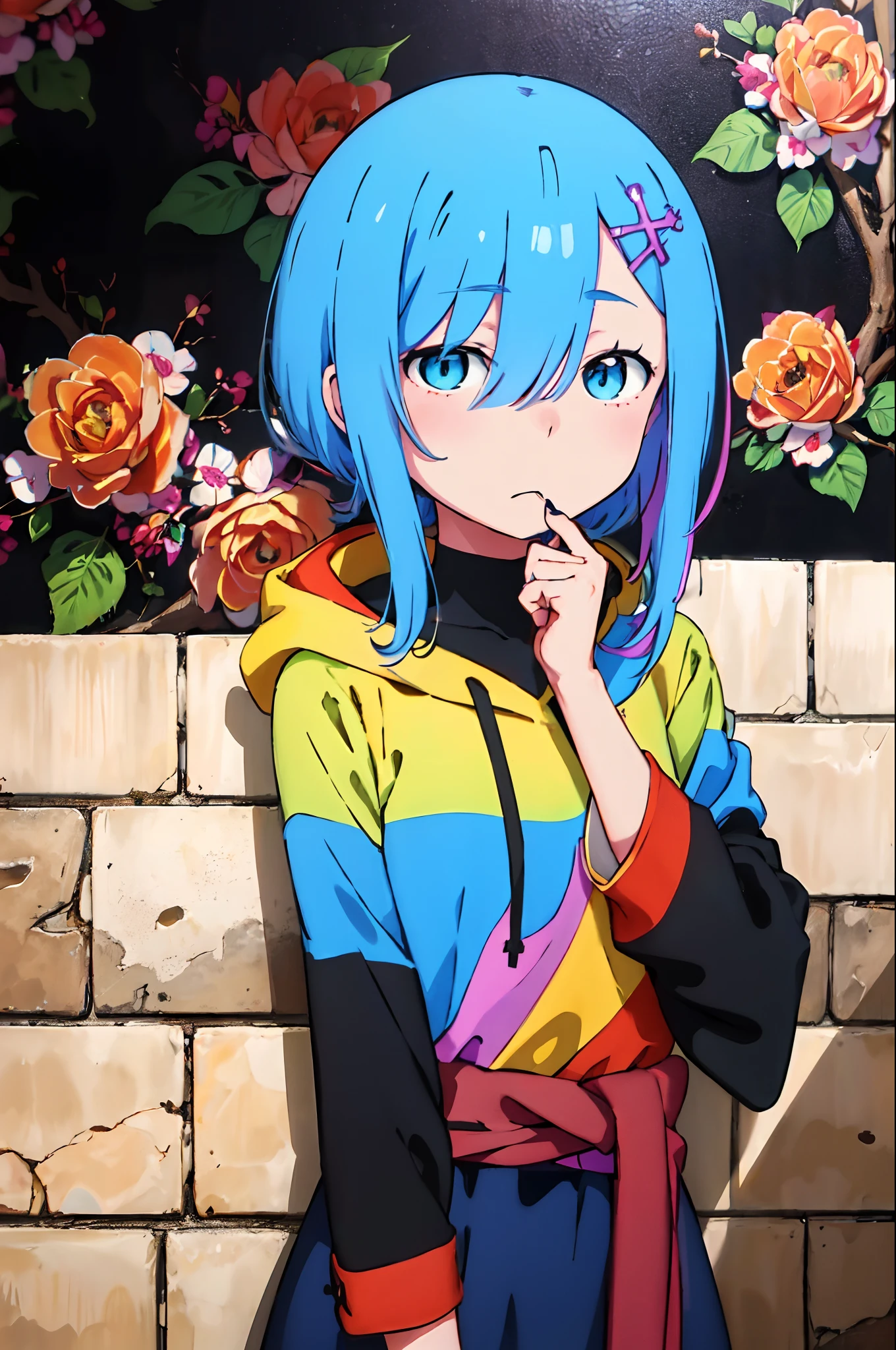 巨作, highs quality, highres, absurdres, A highly detailed, 8k, 1girl, Platinum gray hair, blue hair, multicolored hair, gradient hair, looking at the scenes, colorful eyes, Colorful hoodie, (Murals wall wallpaper murals:1.15), Brilliant Colorful Paintings, rose, portrait, Cross hair decoration, closed mouth, Waist bag, Against the Wall, explosions, shadow, reflection