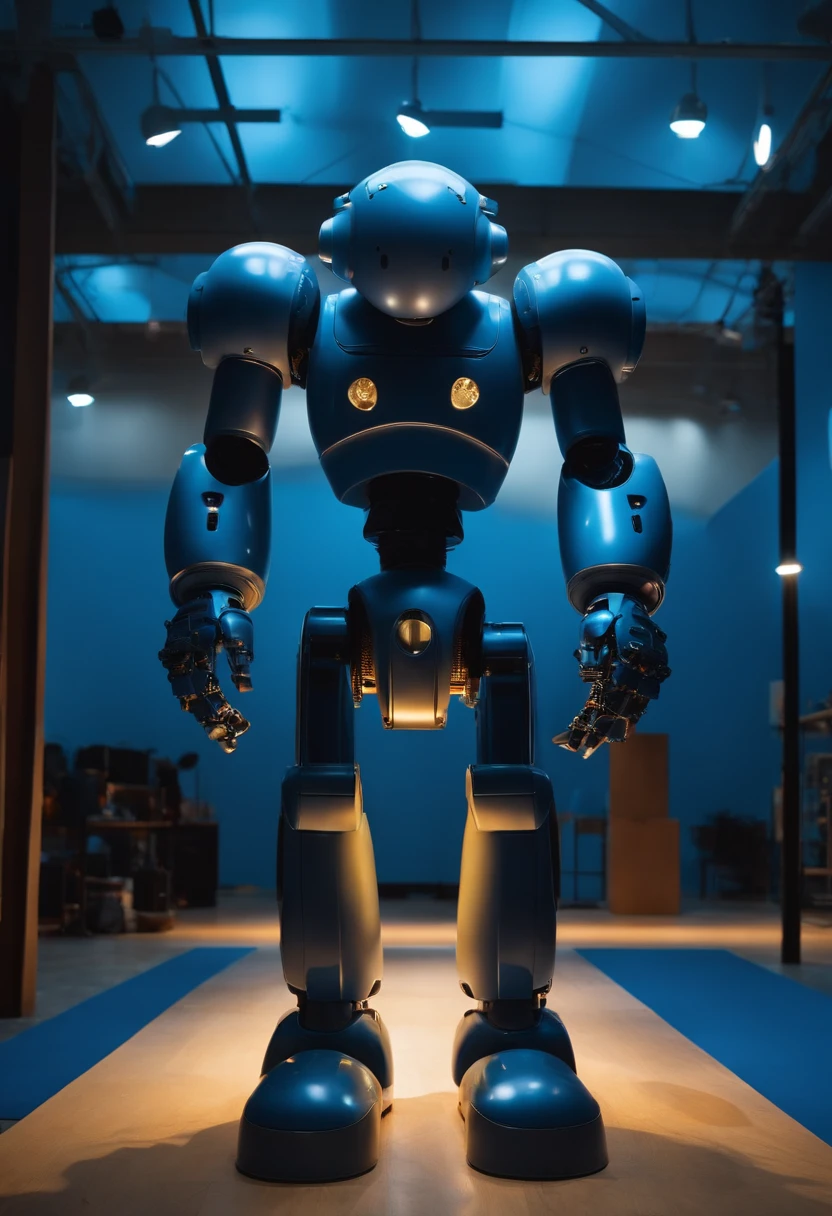 A big kaws robot that lights up between it parts. The picture looks like a product picture in a blue seamless photography studio. Soft light high contrast studio fashion.