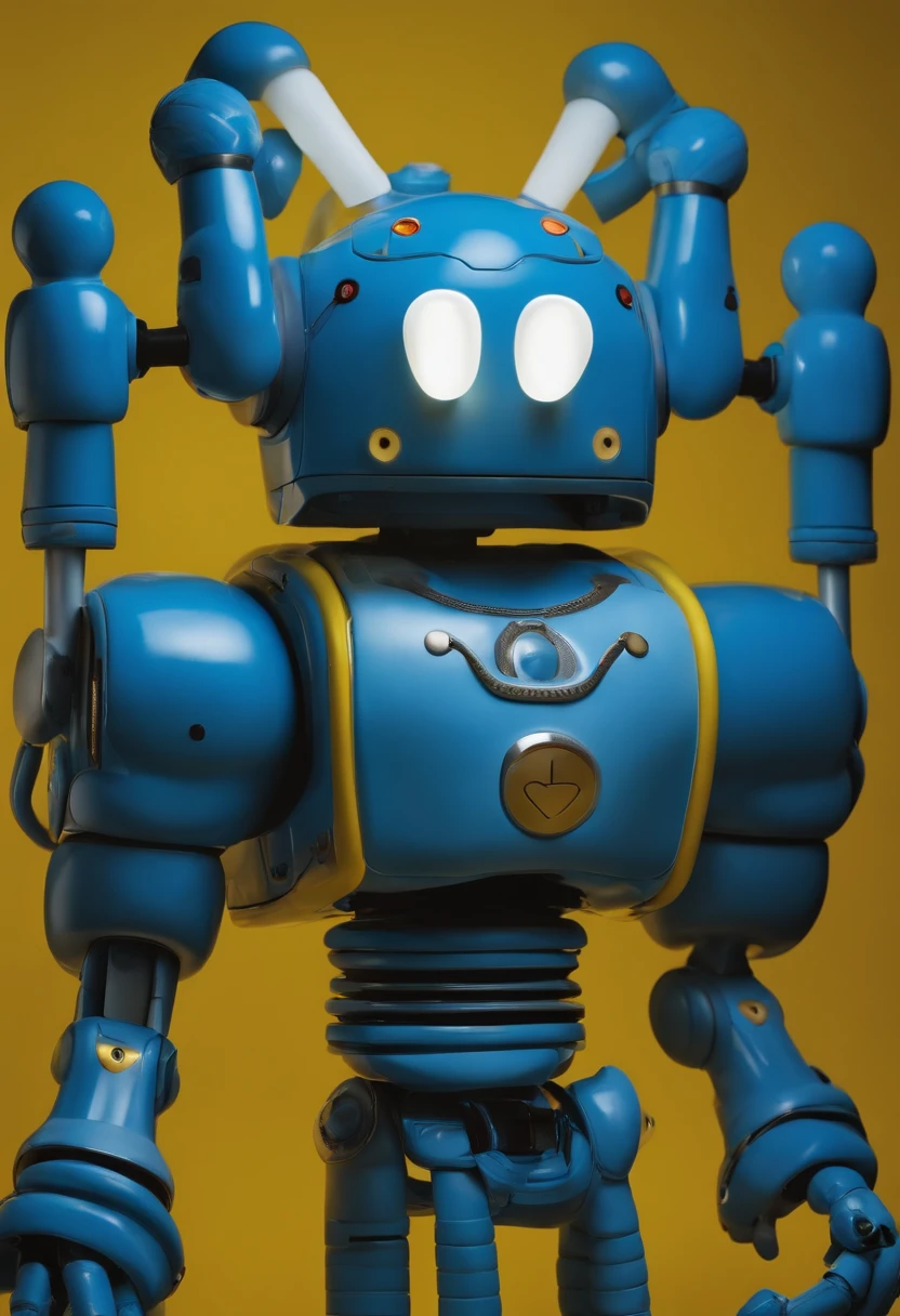 A big kaws robot that lights up between it parts. The picture looks like a product picture in a blue seamless photography studio. Soft light high contrast studio fashion.