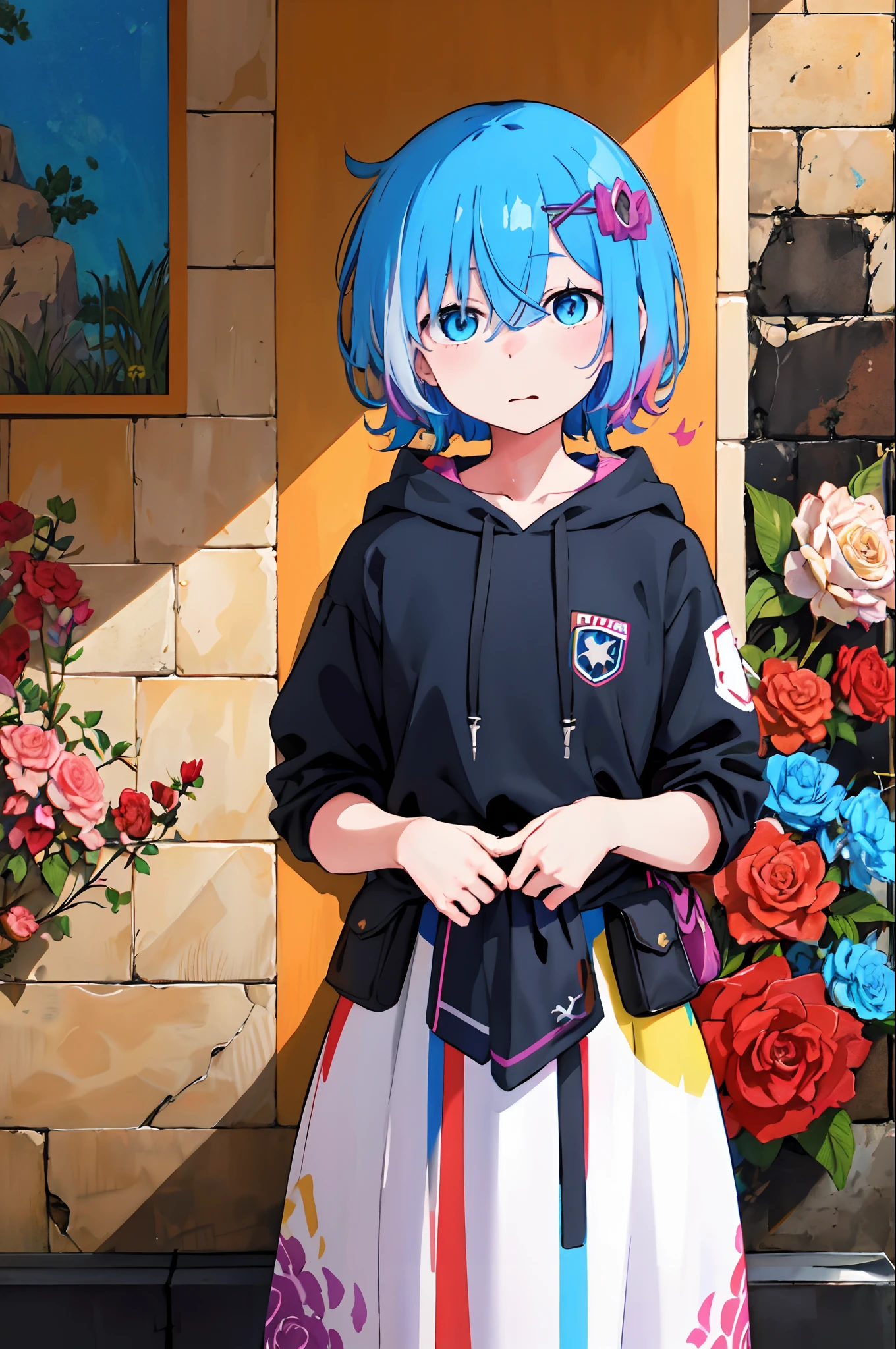 巨作, highs quality, highres, absurdres, A highly detailed, 8k, 1girl, Platinum gray hair, blue hair, multicolored hair, gradient hair, looking at the scenes, colorful eyes, Colorful hoodie, (Murals wall wallpaper murals:1.15), Brilliant Colorful Paintings, rose, portrait, Cross hair decoration, closed mouth, Waist bag, Against the Wall, explosions, shadow, reflection