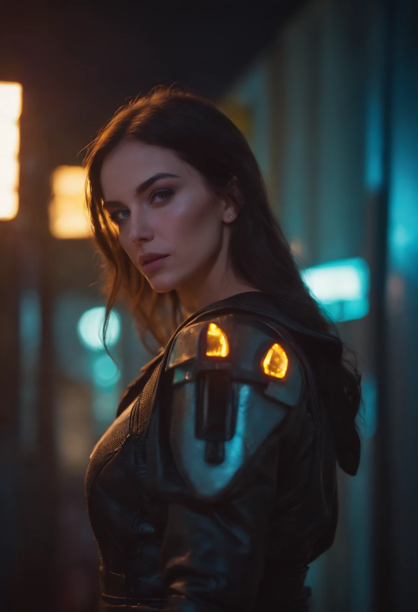 Mulher sensual cyberpunk neon segurando arma