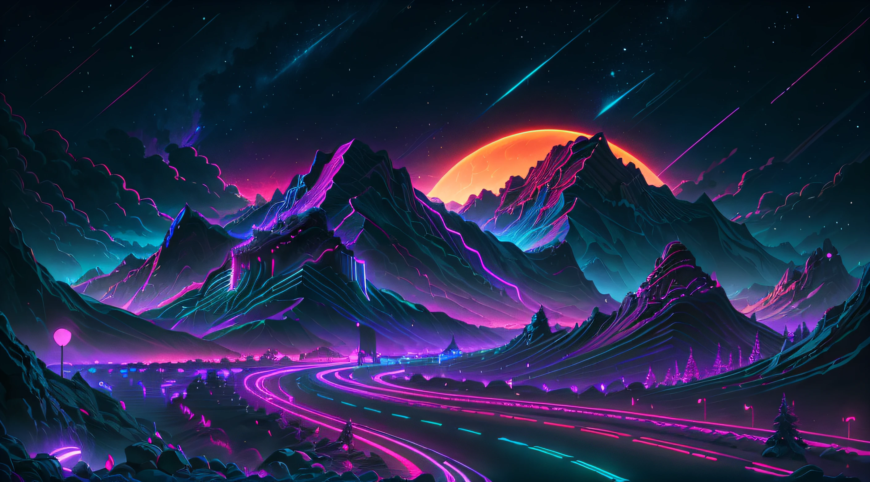 retrowave. road, purple neon lights, sun, mountain,
(masterpiece,detailed,highres),