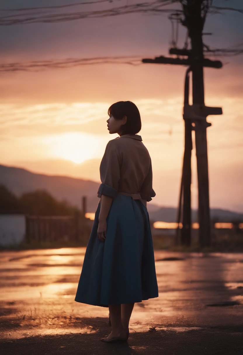 iwakura lain,open tuck, beautifuly color Clothes, dusk sky, Telegraph Pole, in ruins,