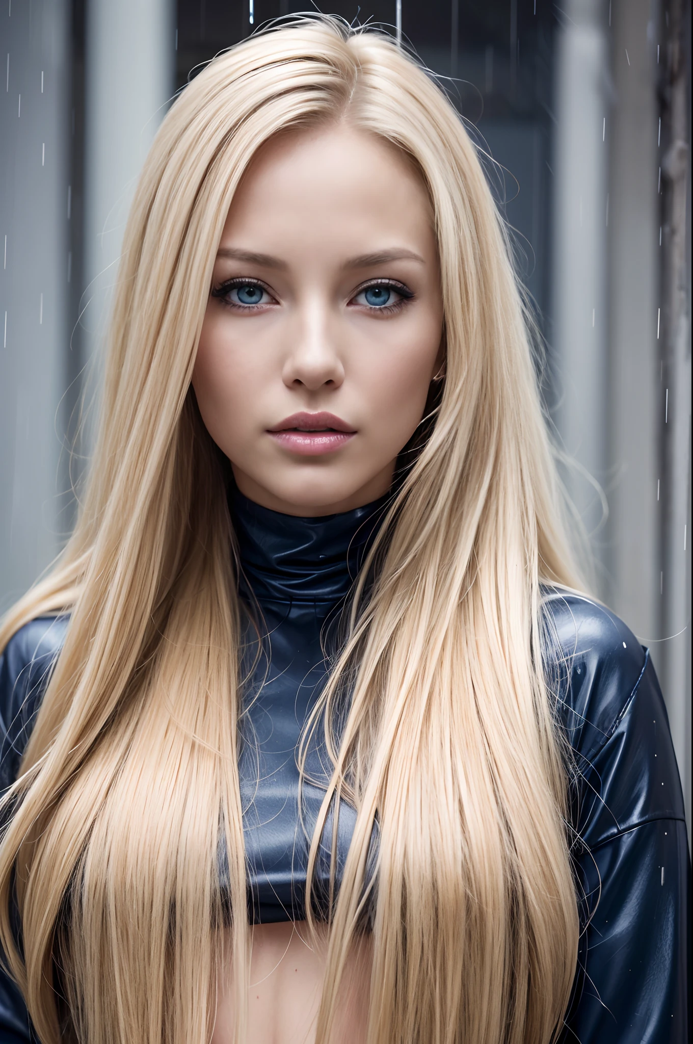 Amanda Lee, (eyes 1.2), (small nose), (lips 1.4), blonde hair, long hair, thin waist, tanned skin, blue eyes, walking in the rain.